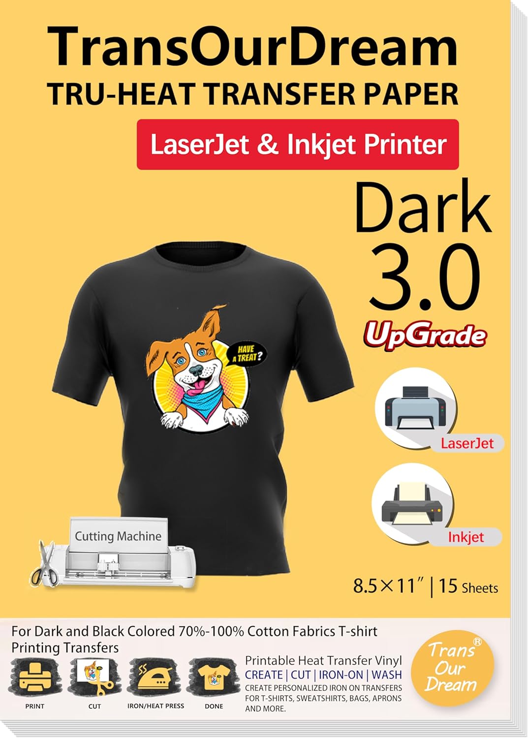 TransOurDream Tru-Heat Transfer Paper for Inkjet & Laserjet Printer (Dark 3.0, 15 Sheets 8.5x11") Printable HTV Heat Transfer Vinyl for T Shirts Iron on Transfers for Dark Fabric (TRANS-D3-15-3)