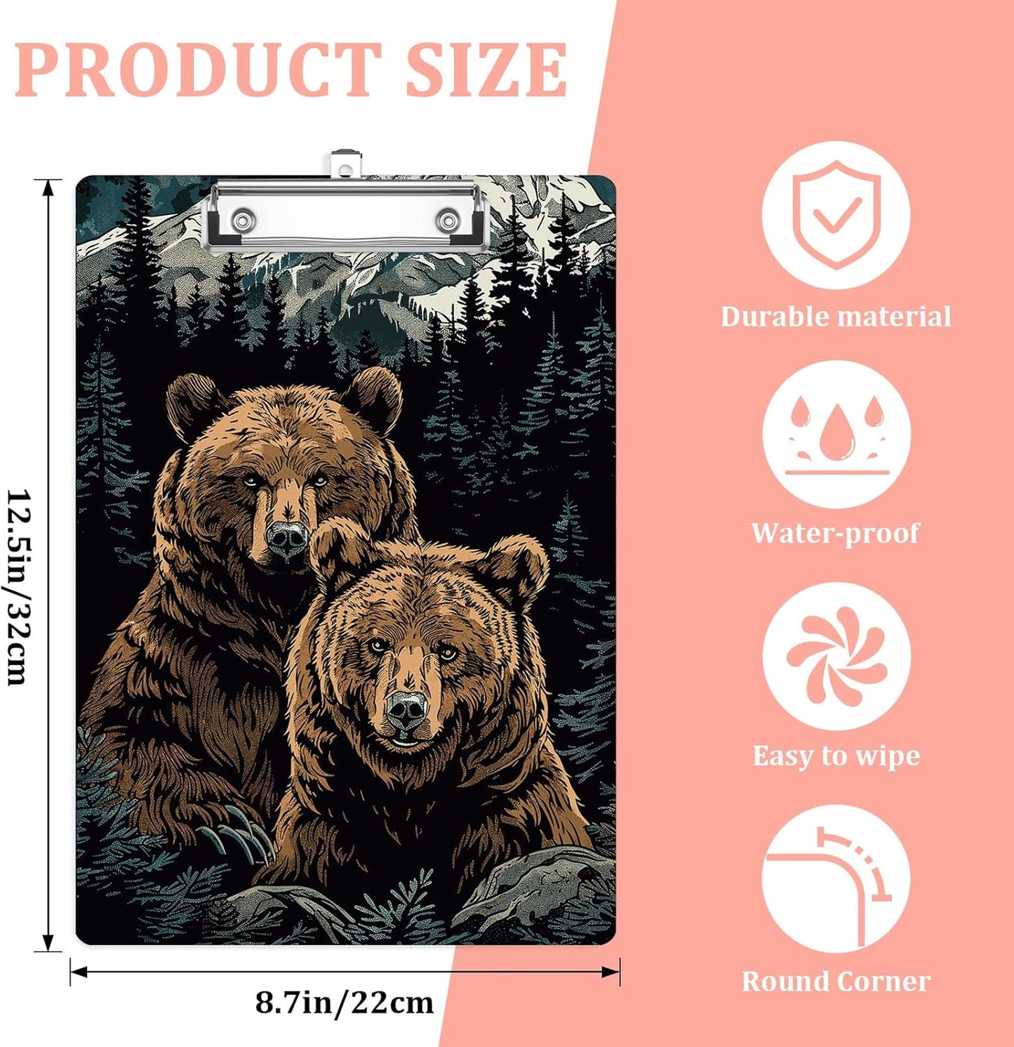 Mountain Bear Plastic Clipboards,Cute Fashion Clipboard Decorative 8.5" x 12.5"Standard A4 Size Clipboards,Acrylic Clipboard for Teacher,Social Worker,Students,Nurse,Office Supplies