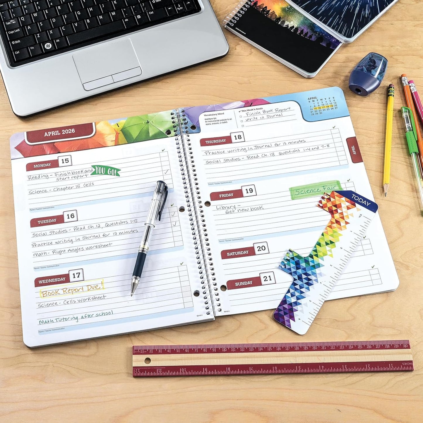 Global Datebooks Dated Middle School or High School Student Planner for Academic Year 2025-2026 Includes Ruler/Bookmark and Planning Stickers (Block Style - 8.5"x11" - Rainbow Linen)