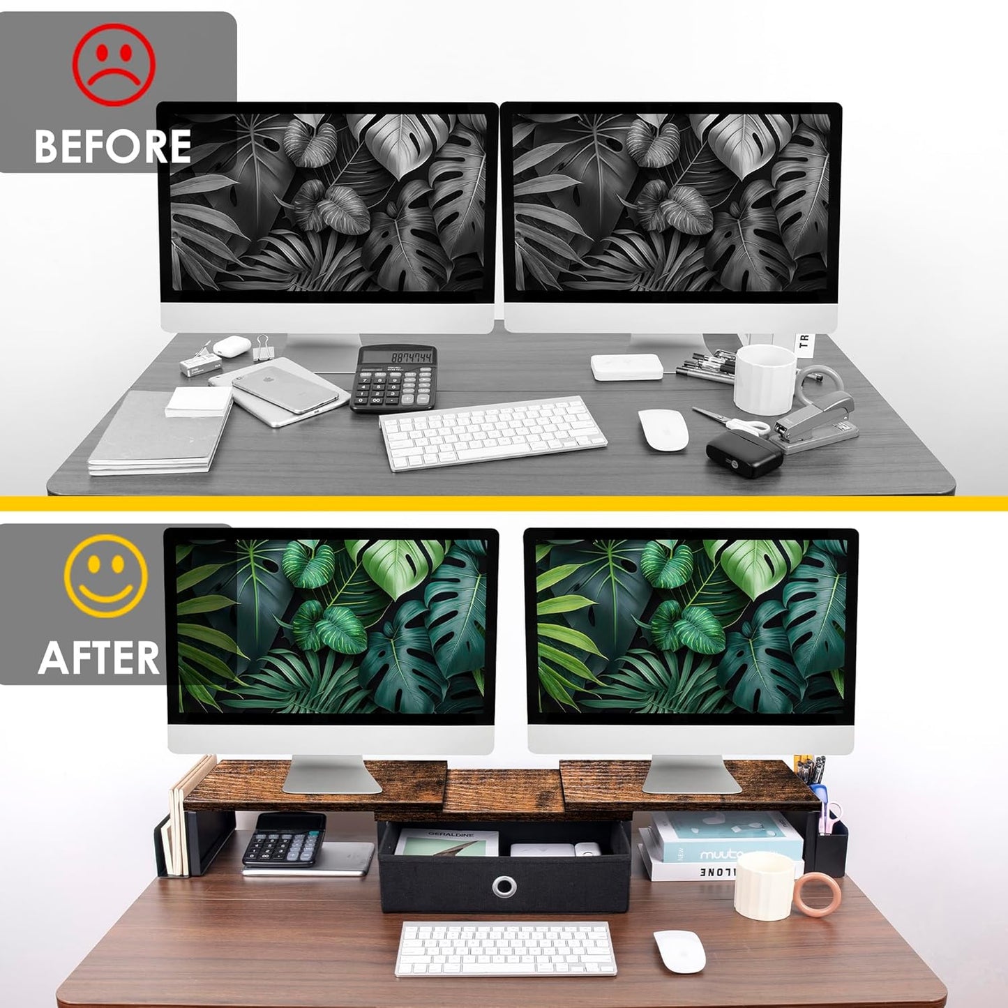 Dual Monitor Stand Riser With Drawer, Office Desk Organizers And Accessories, Computer Monitor Riser For 2 Monitors For Desk, Monitor Shelf With Adjustable Length & Angle