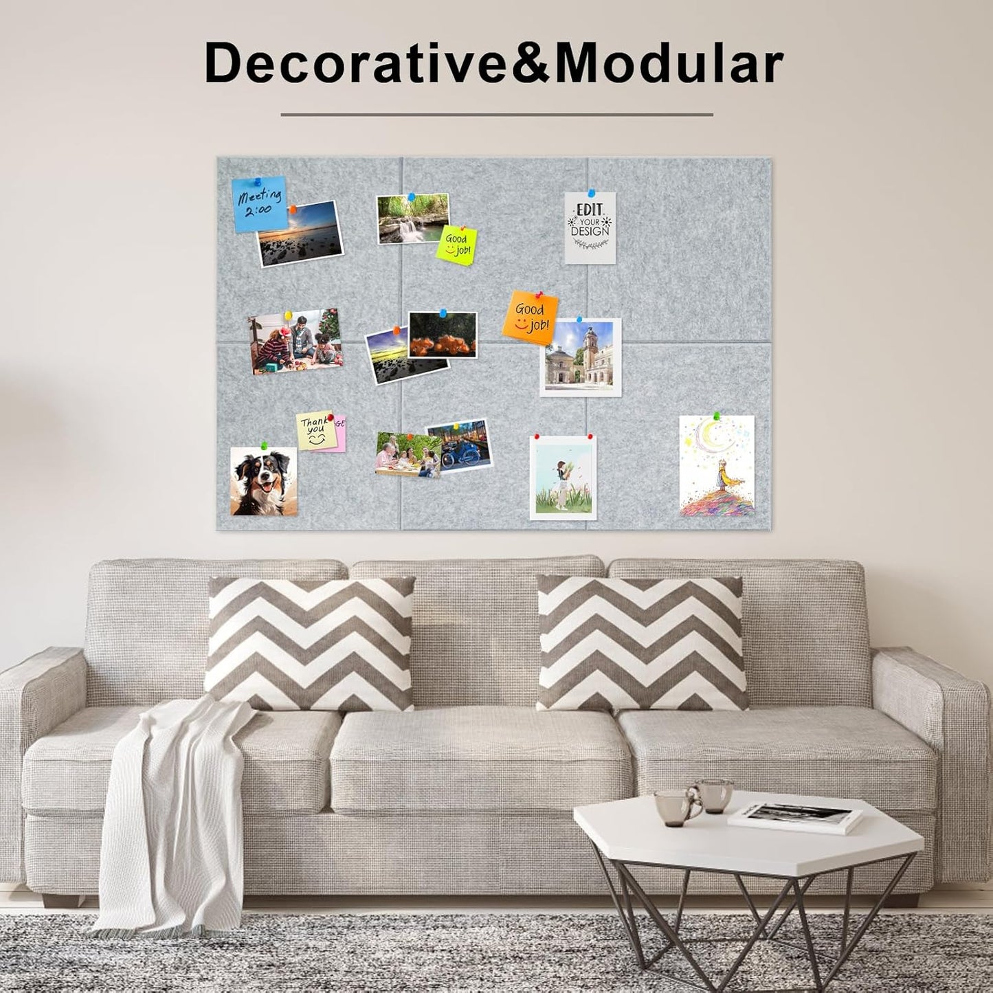 Large Cork Board for Wall 6 Pack, Bulletin Board 36" X 24", Felt Board Wall Tiles with 72 Damage-Free Removable Pads & Push Pins, Alternative Pin Board Cork Board for Office Home, Dark Grey