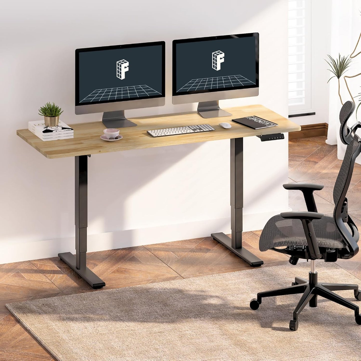 FLEXISPOT E6 Essential Solid Rubber Wood 3 Stages Dual Motor 55x24 Inch Electric Height Adjustable Standing Whole-Piece Board Desk Sit Stand Up Desk (Black Frame + Solid Wood Desktop)