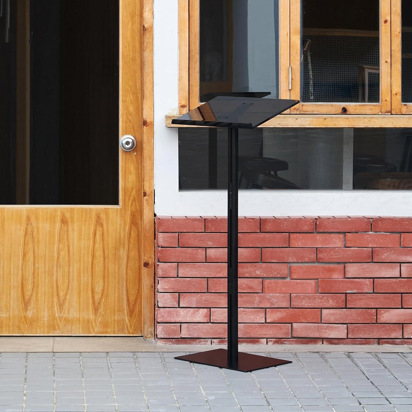 Black Podium Stand Speaking Acrylic Podium with Metal Base Pulpits Churches Lecterns Design for Lecture Recital Speech Presentation Podium Stand for Restaurant Wedding Office Classroom