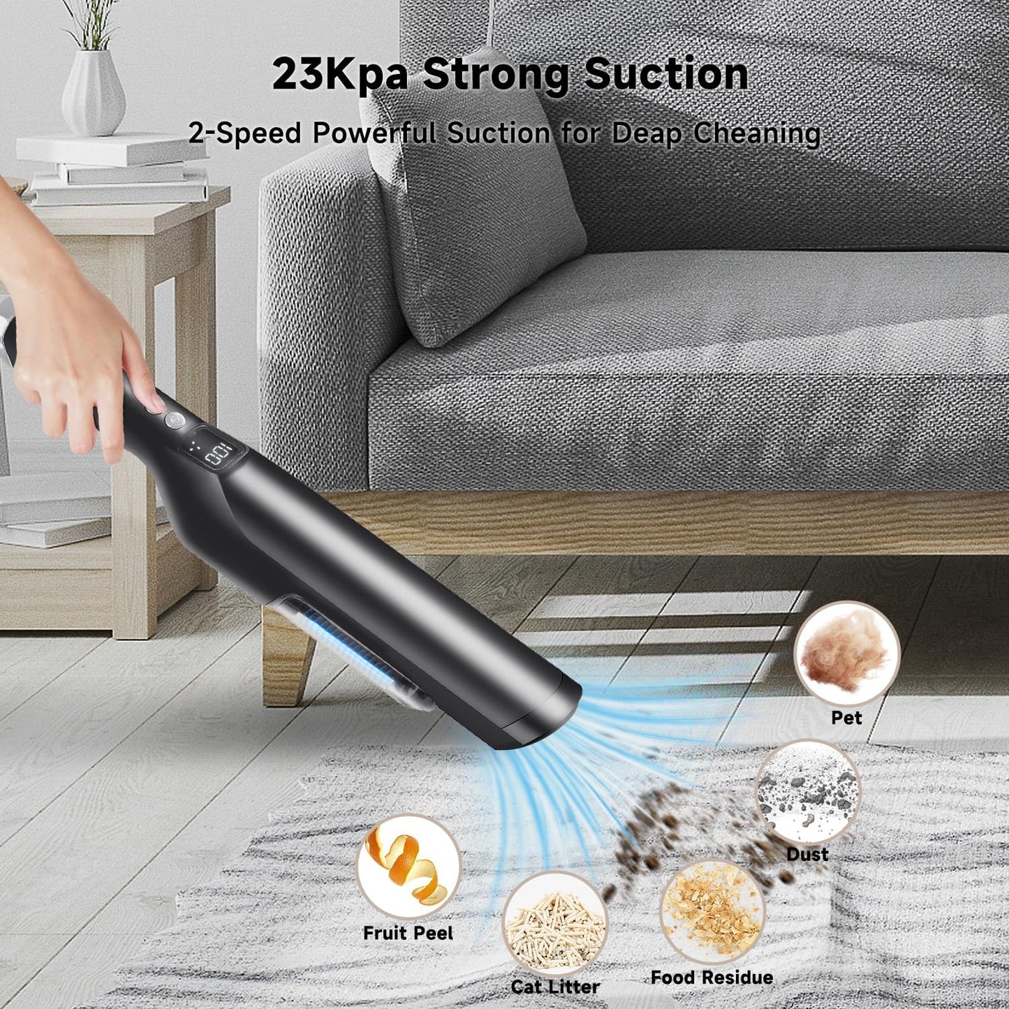 Cordless Handheld Vacuum, Car Vacuum Cleaner with Charging Dock, 23Kpa High Powerful HandHeld Vacuum with 250ML Dust Cup, 2-in-1 CreviceTool, Lightweight Vacuum Cleaner for Pet, Car, Office, Home