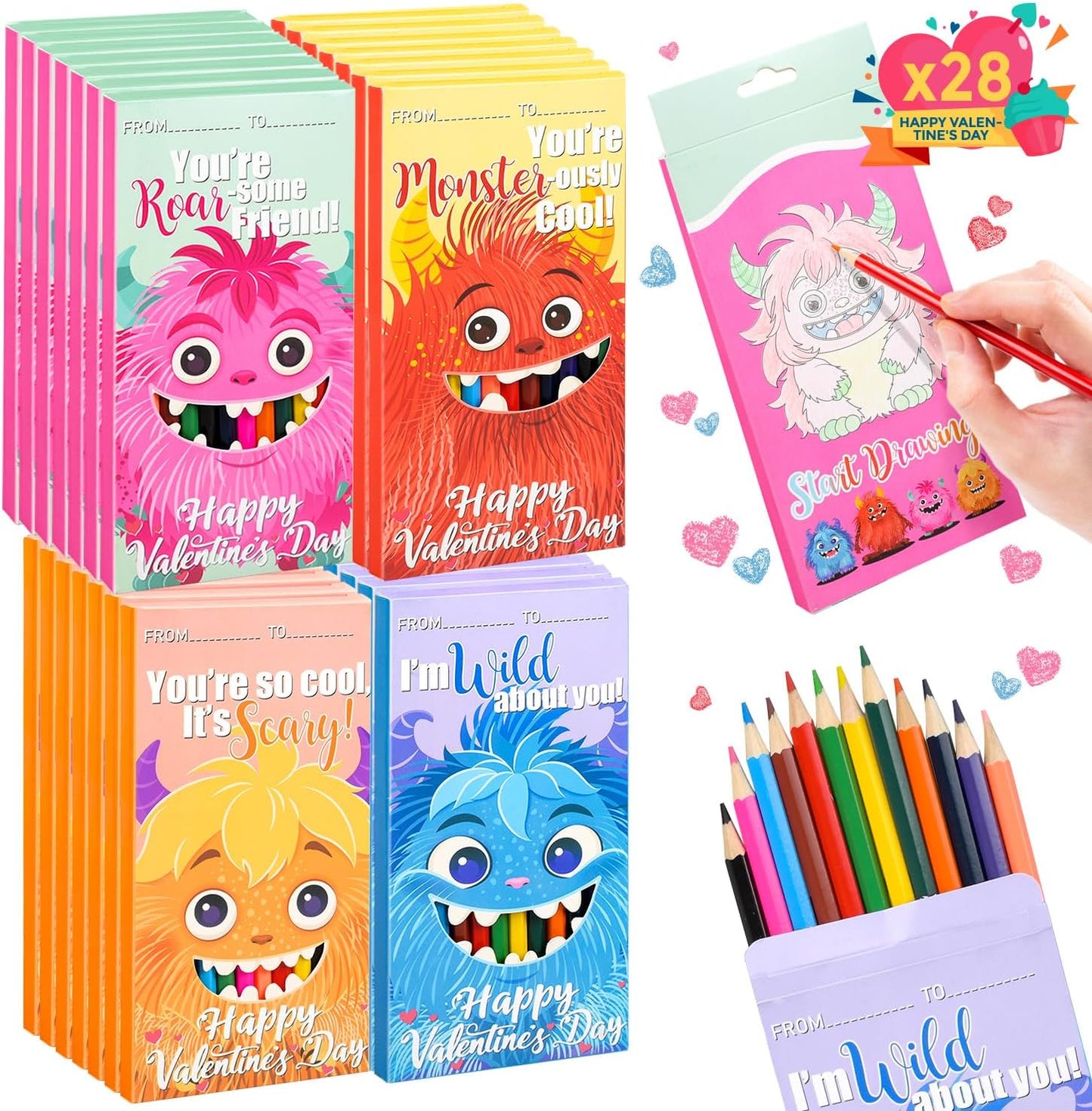 MOVINPE Valentines Day Gifts for Kids Classroom - 28 Pack Pre-Sharpened Colored Pencils Set Valentines Exchange Gifts, School Class Prizes Monster Themed 12 Assorted Colors 336 Count