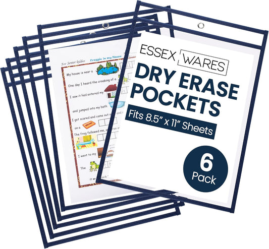 Essex Wares - 6 Pack, Navy Blue, Water-Resistant Dry Erase Pocket Document Protectors, 10" Wide x 13.5" Tall - Dry Erase Clear Plastic Sleeves - Reusable & Easy Erase Plastic Invoice Holders