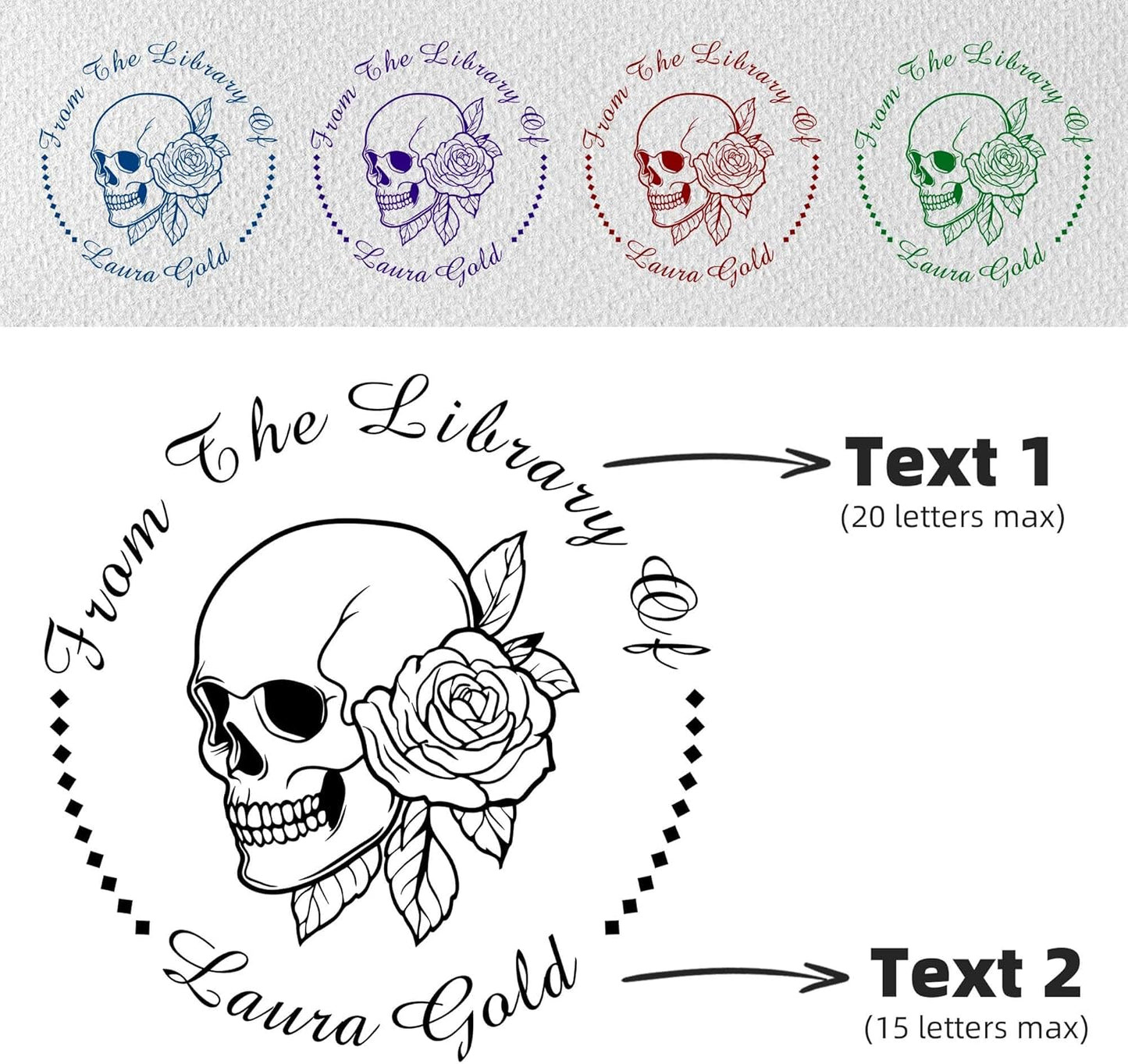 Skull Themed Library Book Embosser，Custom Book Business Card Paper Document Notebook，Self Inking Stamp，Book Lover Gifts，Christmas Gifts (Style12)
