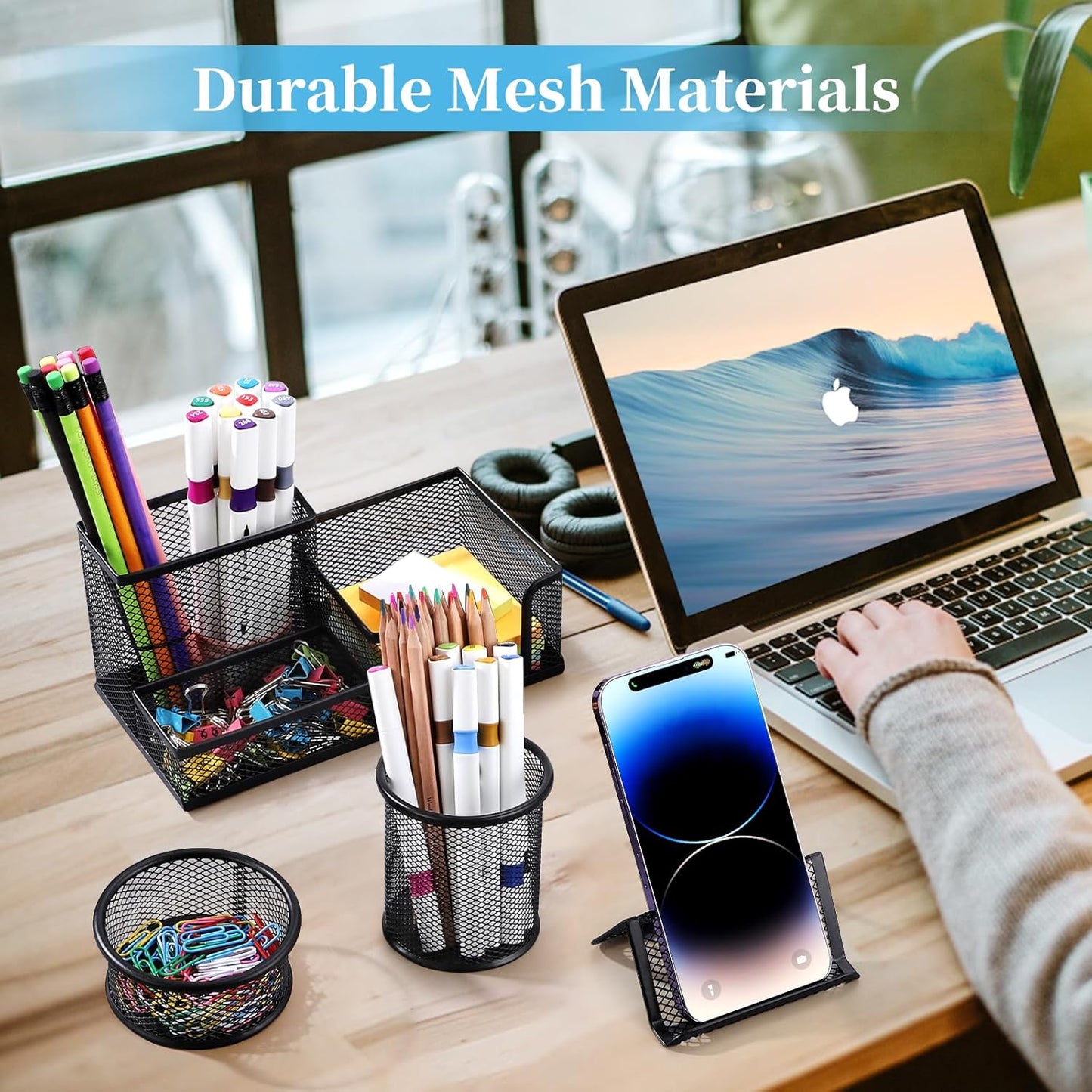 Mesh Pen Holder for Desk Pencil Holders 5 Pieces Desk Organizer Office Supplies Caddy with Sticky Notes Holder for Office School Home Black