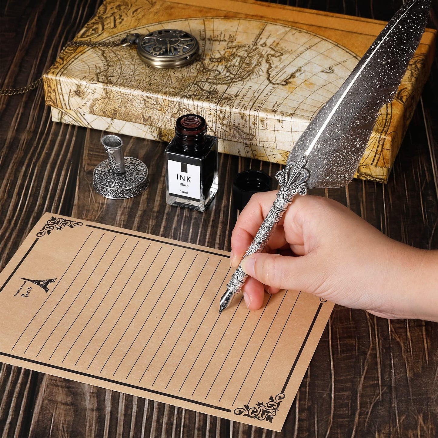Vintage Quill Pen Ink Set,Feather Quill Pens with Wooden Calligraphy Pen, Including 7 Different Sizes of Nib, Calligraphy Pen Set Gift & Women and Man(Grey)