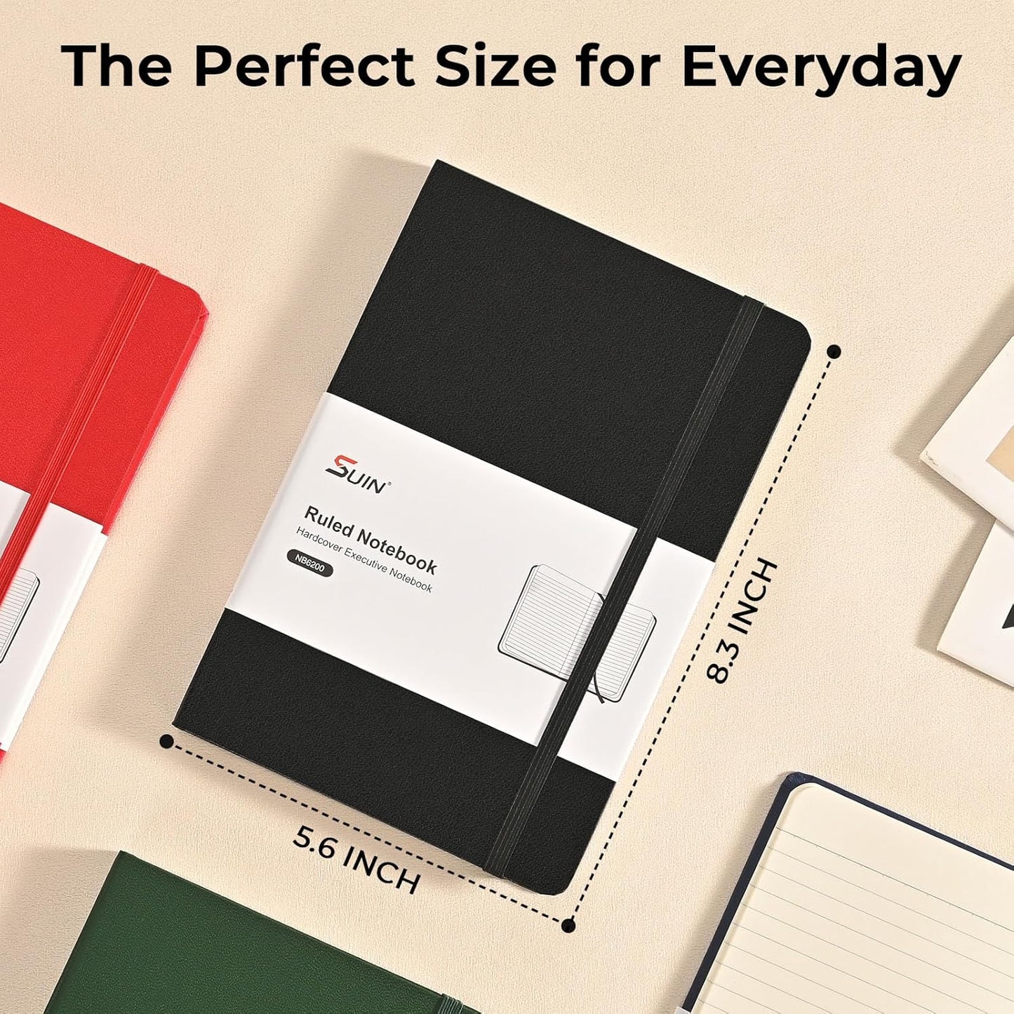 SUIN A5 Hardcover Notebook, 5.5" x 8.3", 100gsm, 160 Pages, Journal for Writing, Notebooks for work - No-Bleed Paper, Inner Pocket, Elastic Closure & Ribbon Bookmark, Black-8Pack