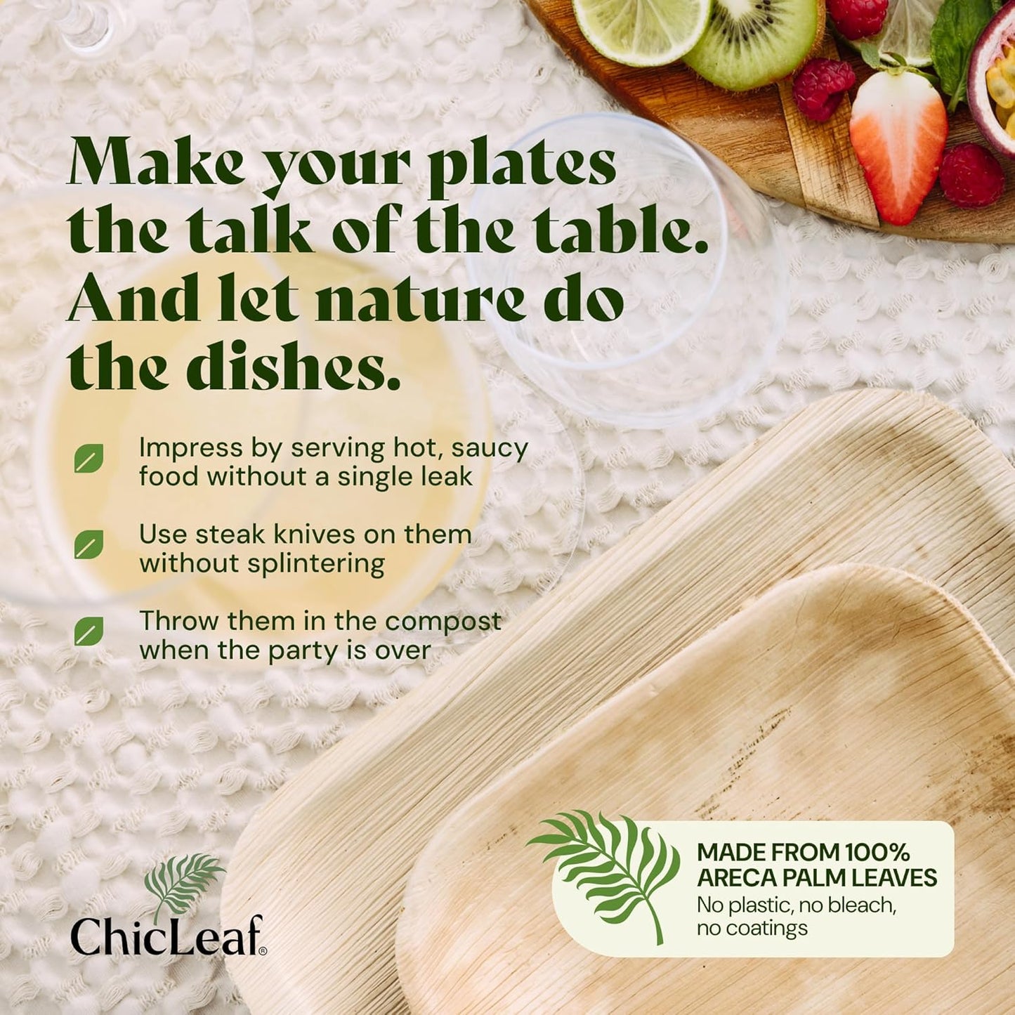 Chic Leaf Palm Leaf Compostable Plates Disposable - 6" Square, 50 Pack - Heavy-Duty Biodegradable, Disposable Party Bamboo Appetizer Plates - Party Serving Supplies