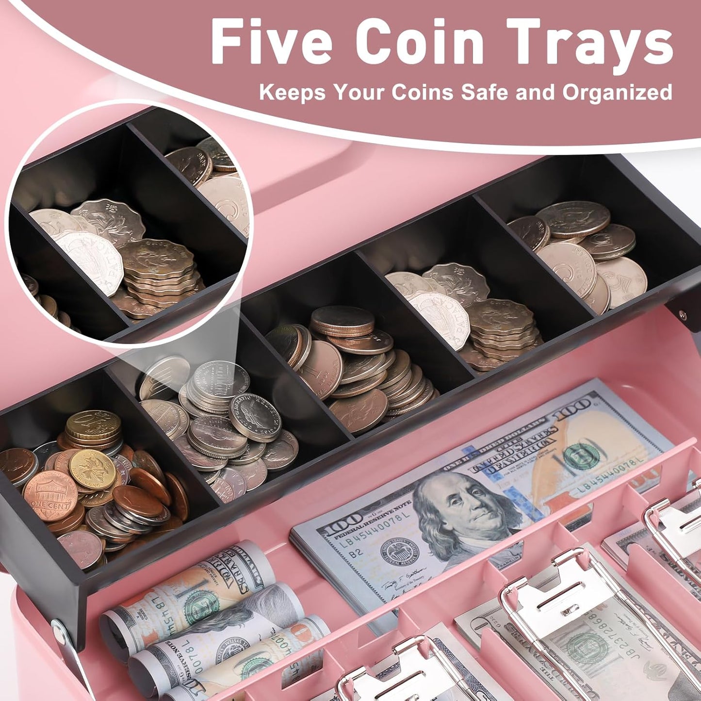 Kyodoled Locking Money Box with Combination Lock, Metal Cash Box with Money Tray, Cash Register,5 Compartments Cantilever Tray 4 Spring Loaded Clips,11.81Lx 9.45Wx 3.54H Inches Pink X Large