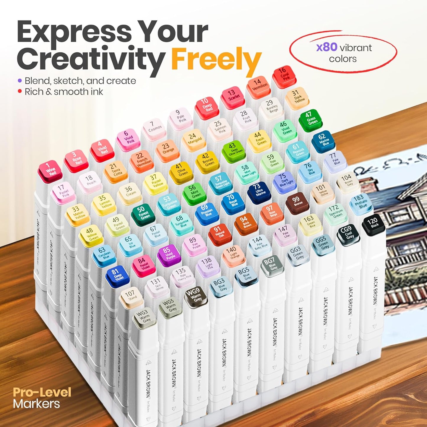 JACK BROWN 80 Colors Alcohol Markers Set with Fine & Chisel Dual Tip - Professional Art Markers for Adults & Kids, Perfect for Drawing, Sketching, Coloring & Animation - Includes Durable Marker Case