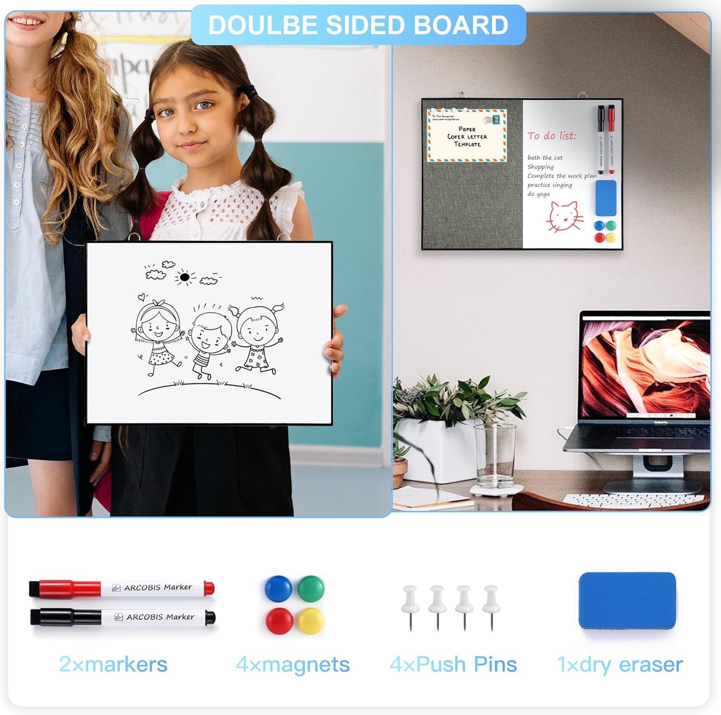 ARCOBIS Dry Erase Linen Board, 12"X16" Small Cork Board White Board Combination, Double-Sided Magnetic Bulletin Board for Wall, Vision Board for Home, Office, School, Grey