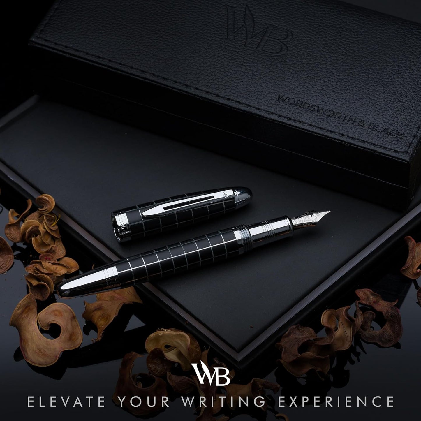 Wordsworth & Black Majesti Fountain Pen - (Checked), Luxury Case, Chrome Finish, Iridium Medium Nib - 24 Ink Cartridges, Refillable Ink Converter-Calligraphy Pen-Best Business Gift Set for Men & Women