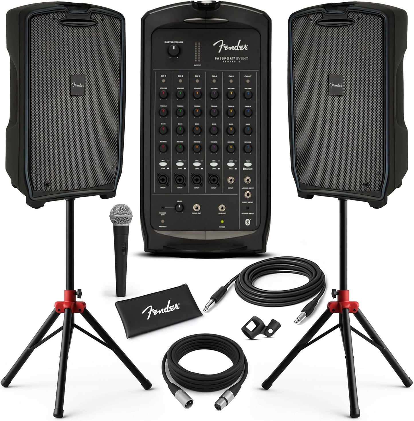 Fender Passport Event S2 Portable PA System Bundle with Microphone, Compact Speaker Stands, XLR Cable, and Instrument Cable