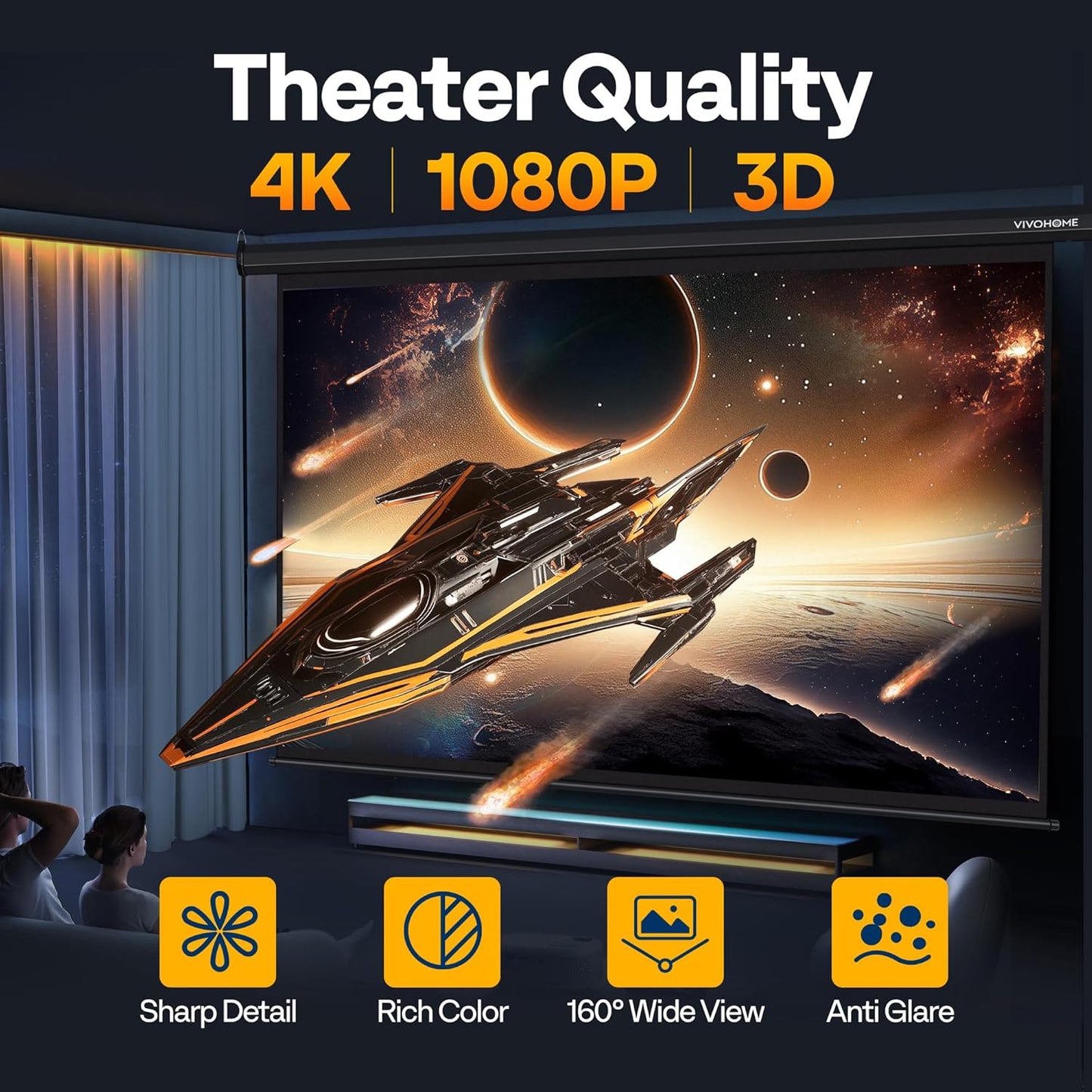 VIVOHOME Motorized Projector Screen with Remote, 16:9 100 Inch Auto Electric Projection Screen, HD 4K Movie Screen for Home Theater, Cinema, Office (87 x 49 Black)
