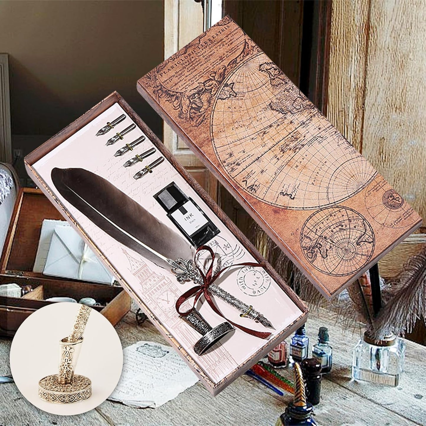 Retro Carving Feather Pen Set, Calligraphy Fountain Dip Quill Pen Set Antique Calligraphy Writing Dip Pen, Feather Pen Ink Set with 5 Replacement Nibs Pen Stand Base for Writing Christmas Gift (Grey)