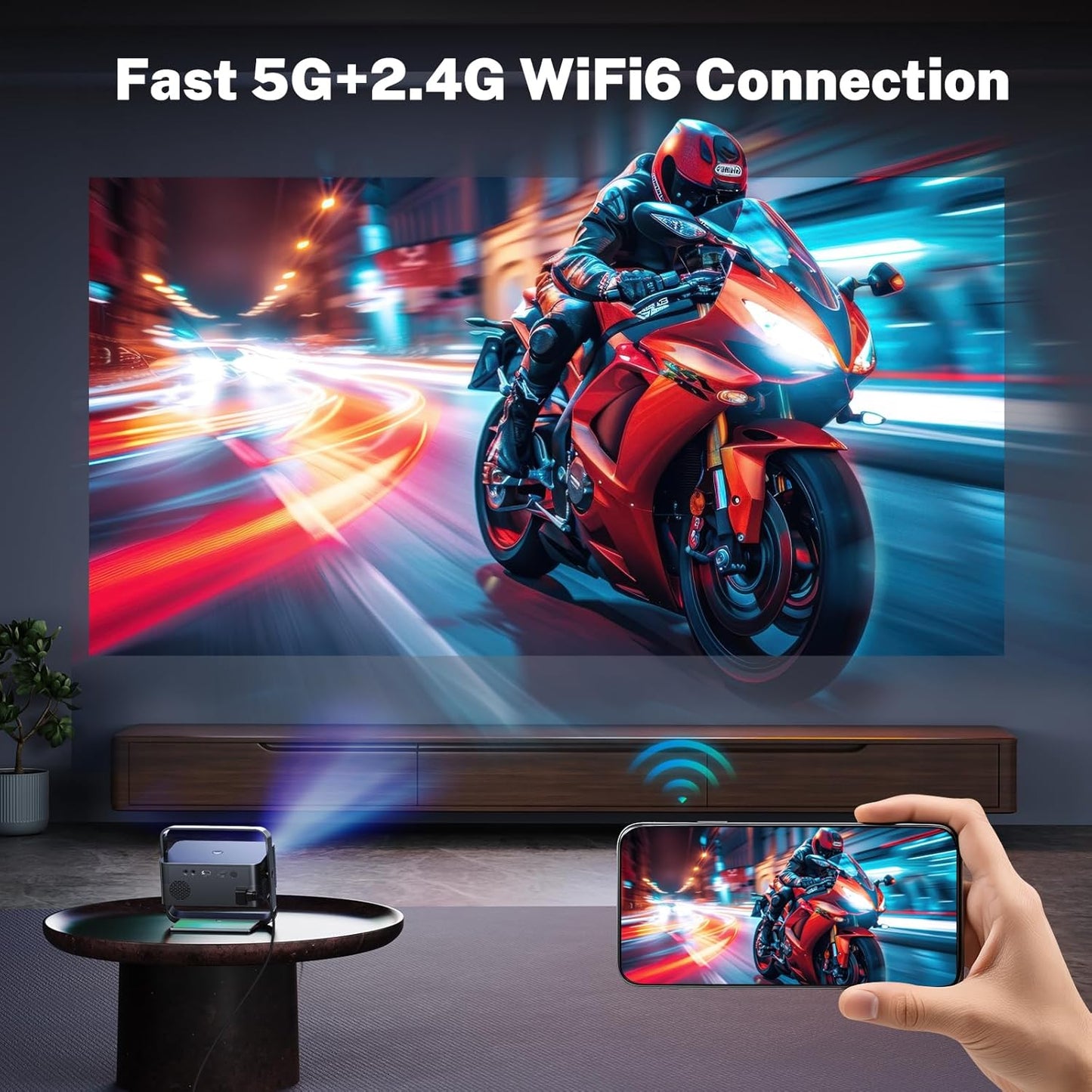 Smart Projector 1080P 4K Support with WIFI 6 and 2-Way Bluetooth 1500ANSI Auto Keystone Electric Focus Mini Projectors Home Theater Movie Outdoor Portable Projector (Black)