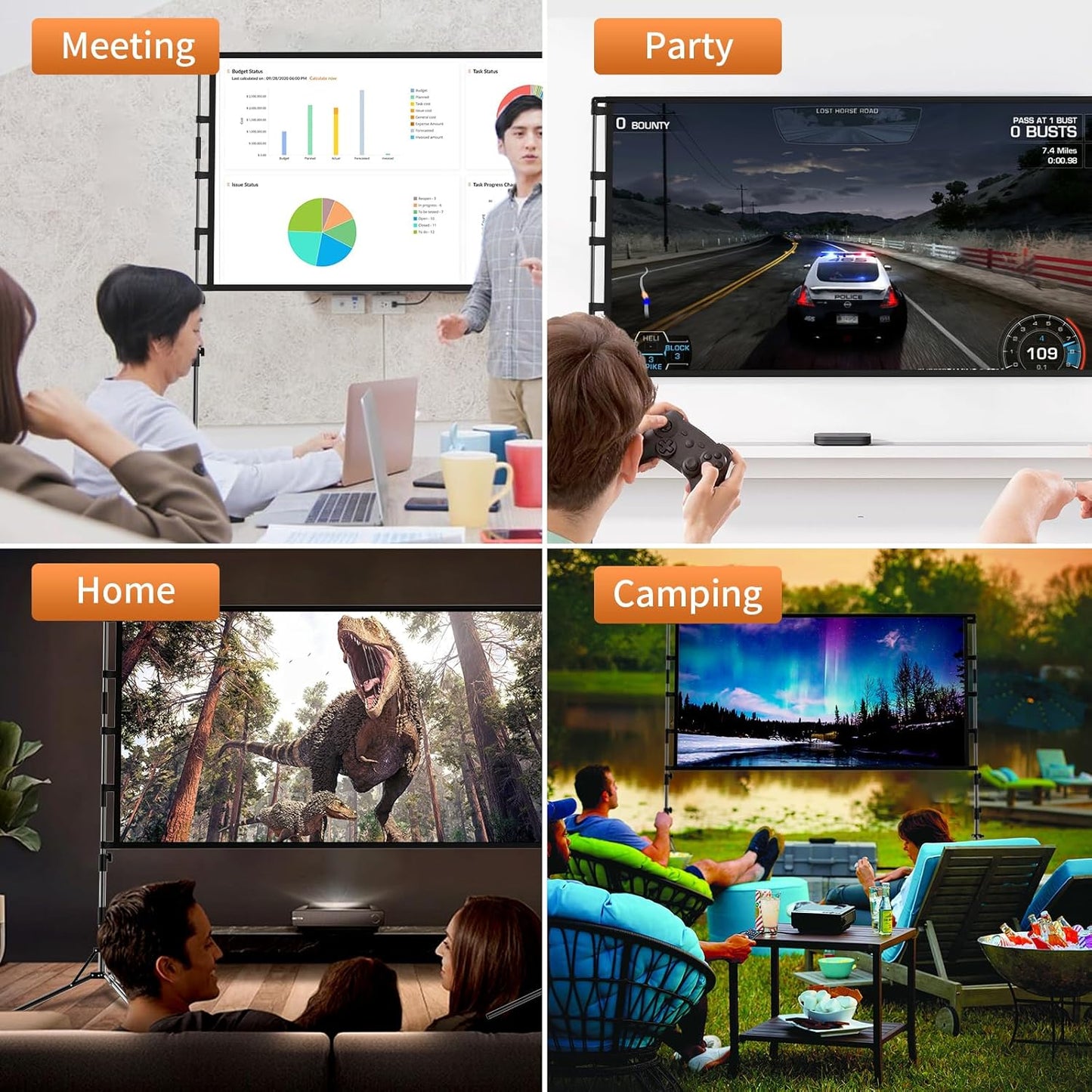 Projection Screen with Stand,100 inch Portable Movie Screen 16:9 HD 4K Double Sided Projection Screen with Carry Bag Indoor Outdoor Video Screen for Home Theater