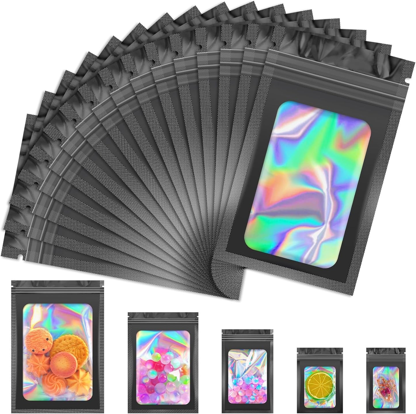100 PCS Black Smell Proof Bag, Mylar Bags, Holographic Bags with Clear Window, Resealable Bag for Small Business, Packaging for Bracelets, Jewelry, Candy, Gift（3x5in）