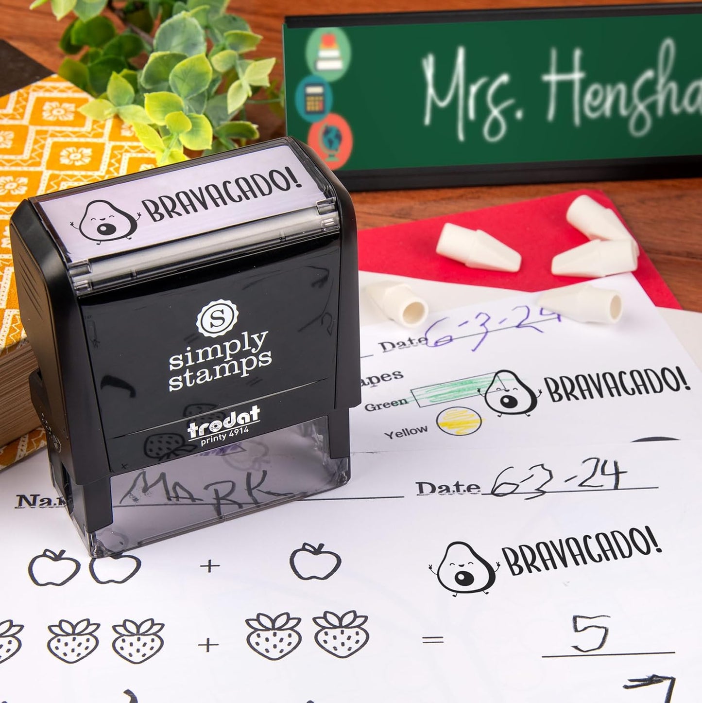 Custom Self-Inking Bravacado Stamps | 49 Designs | 3D, Grading Made Easy | Classroom, Library Book Stamps (Bravacado, Xtra Large)