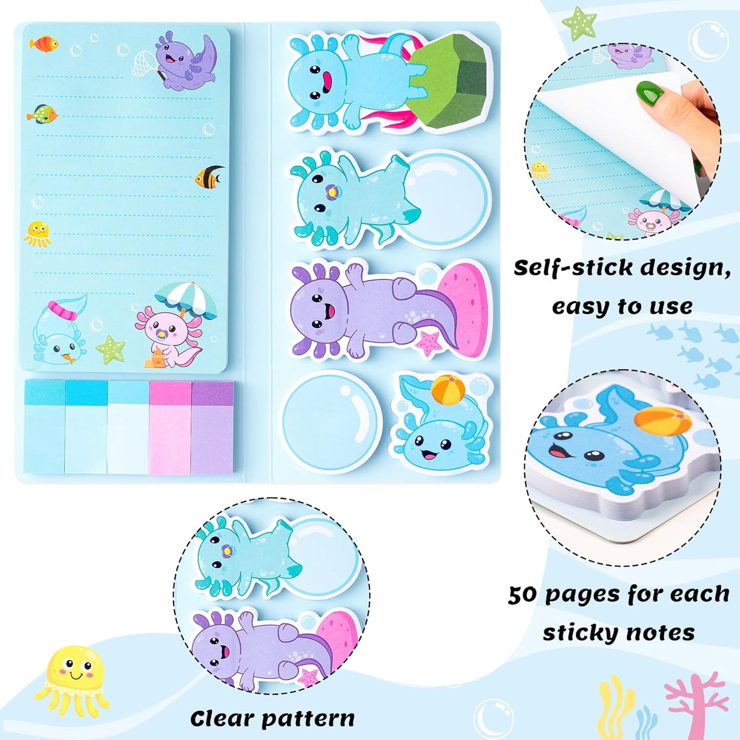Xqumoi I Just Really Like Axolotl Sticky Notes Set, Animal Mexican Walking Fish Shaped Self-Stick Notes Pads Writing Memo Pad Page Marker Bookmarks Back to School Office Supplies Party Favors (Blue)