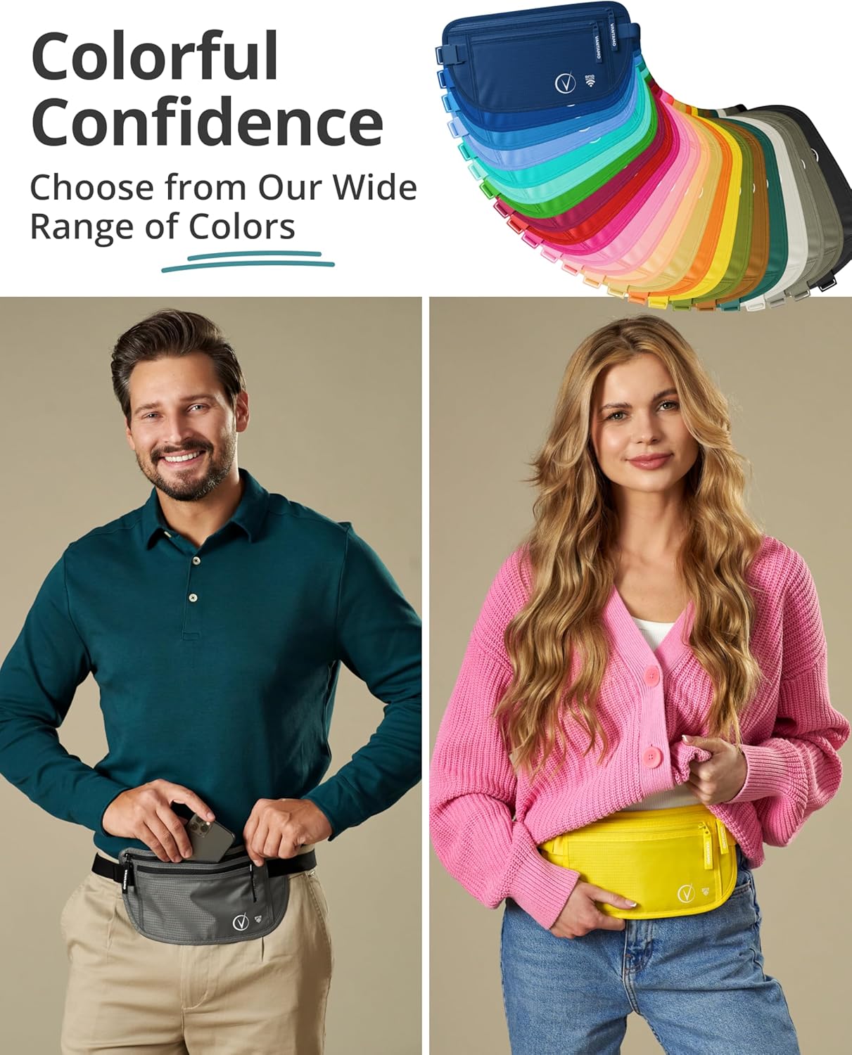 Vantamo Hidden Money Belt For Extra Safety, RFID Ultra-Thin Fanny Pack, 2 Compartment Money Bag Fits Passport & Phone