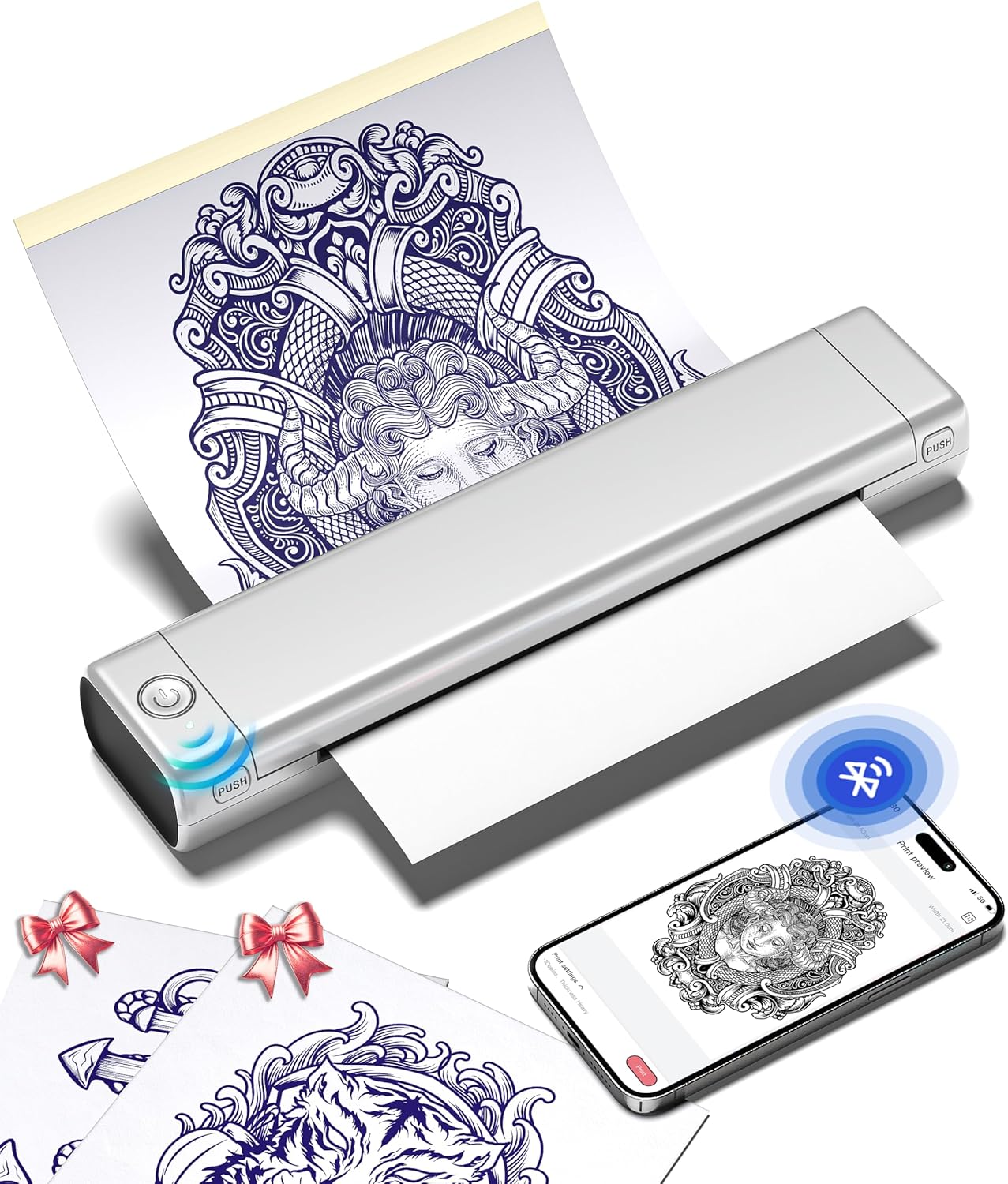 Phomemo Tattoo Stencil Printer, M08F Wireless Thermal Tattoo Printer with 10pcs Transfer Paper, Compatible with Phone/Tablet/PC, Tattoo Supplies for Tattoo Artists & Beginners, Silver