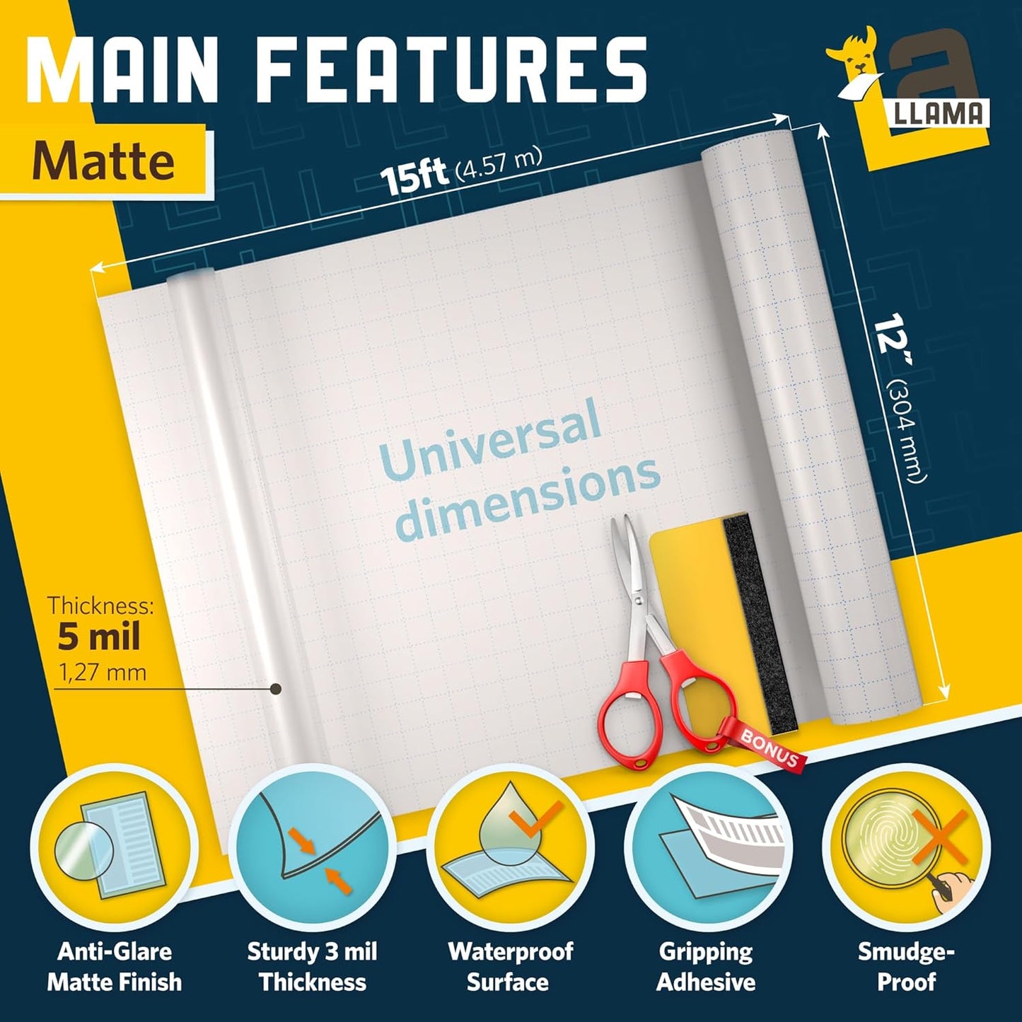 Laminating Roll Self Adhesive Durable Clear Vinyl Laminate Roll for Anti-Glare Surface (Matte 12" x 15' 1 5mil)