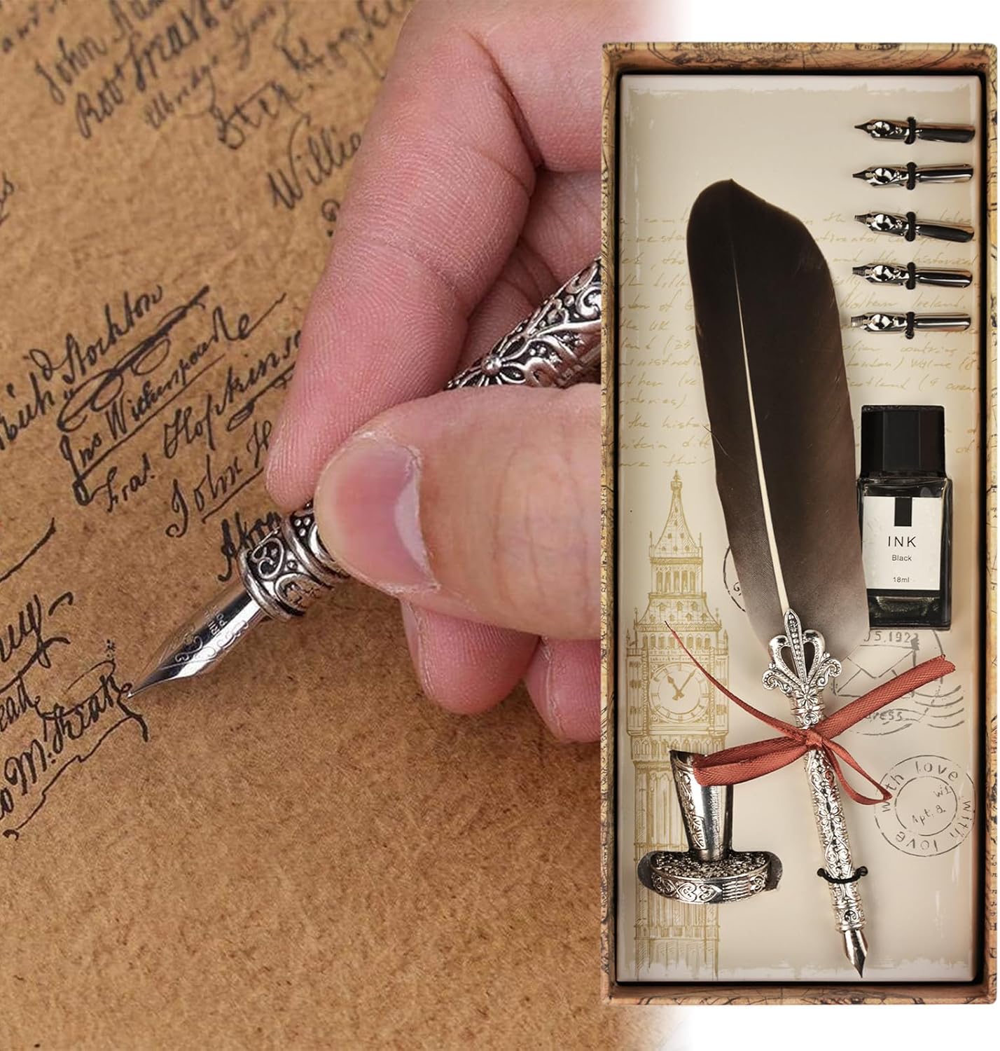 Retro Carving Feather Pen Set, Calligraphy Fountain Dip Quill Pen Set Antique Calligraphy Writing Dip Pen, Feather Pen Ink Set with 5 Replacement Nibs Pen Stand Base for Writing Christmas Gift (Grey)