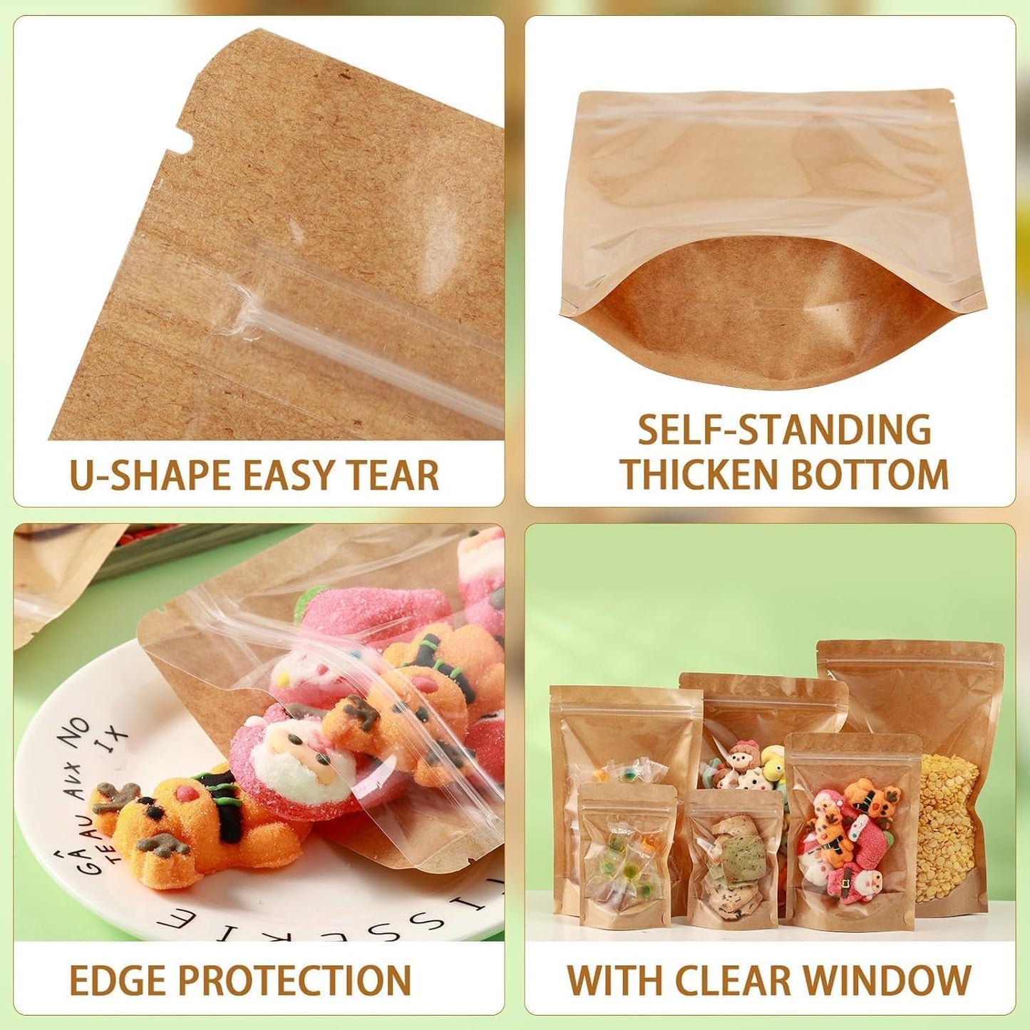 300-Pack Kraft Paper Bags with Clear Window 5" x 8" Reclosable Small Stand Up Mylar Bags for Food Storage Resealable Smell Proof Pouch, Edible Packaging, Reusable bags for Small Business