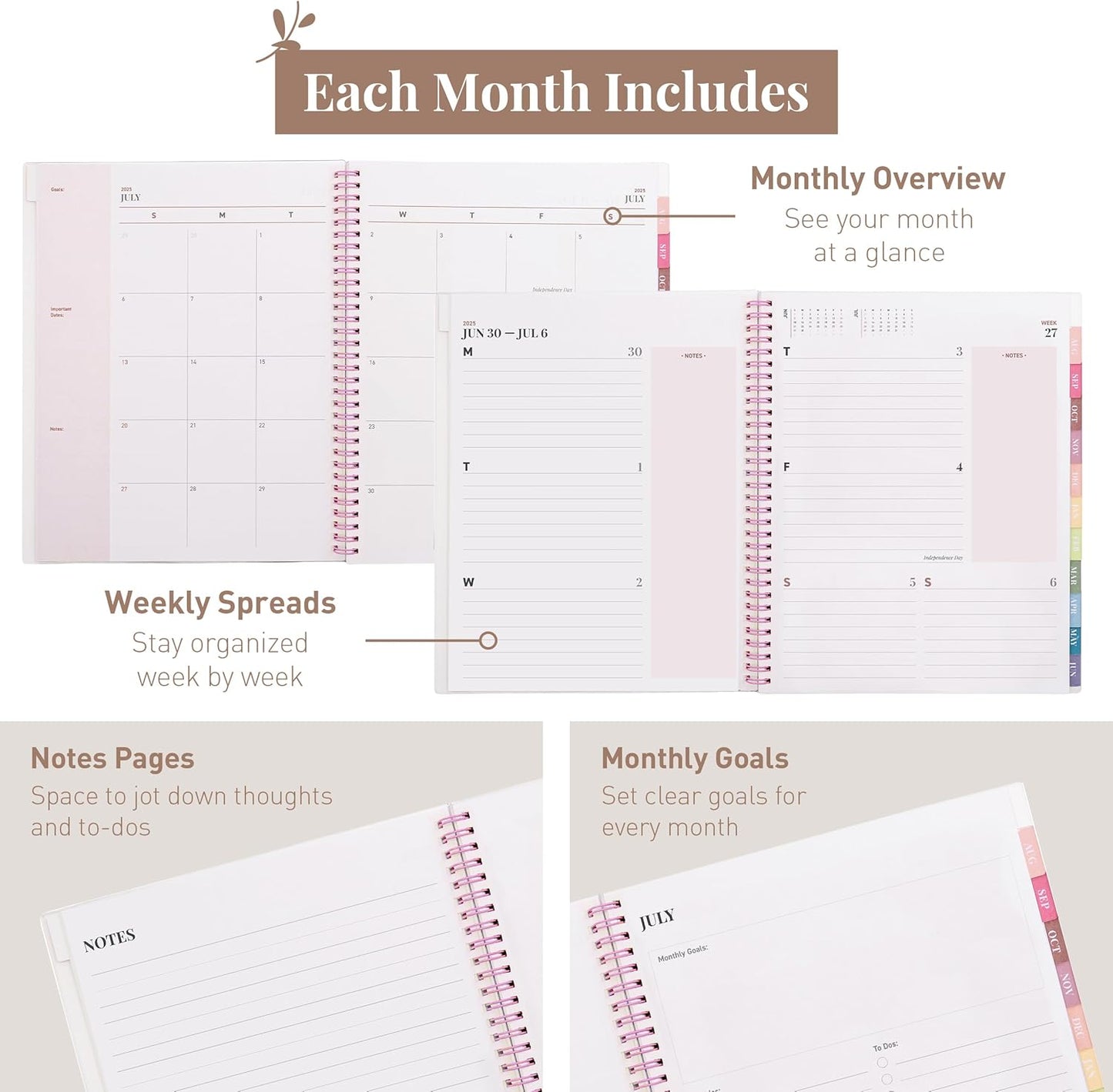 Rileys Academic Planner 2025-2026, Daily, Weekly & Monthly Planner, July 2025 - June 2026, Student Notes Pages, Twin-Wire Binding, Weekly Agenda for School & Work (8.5 x 11-Inches, Pink, Diagonal)