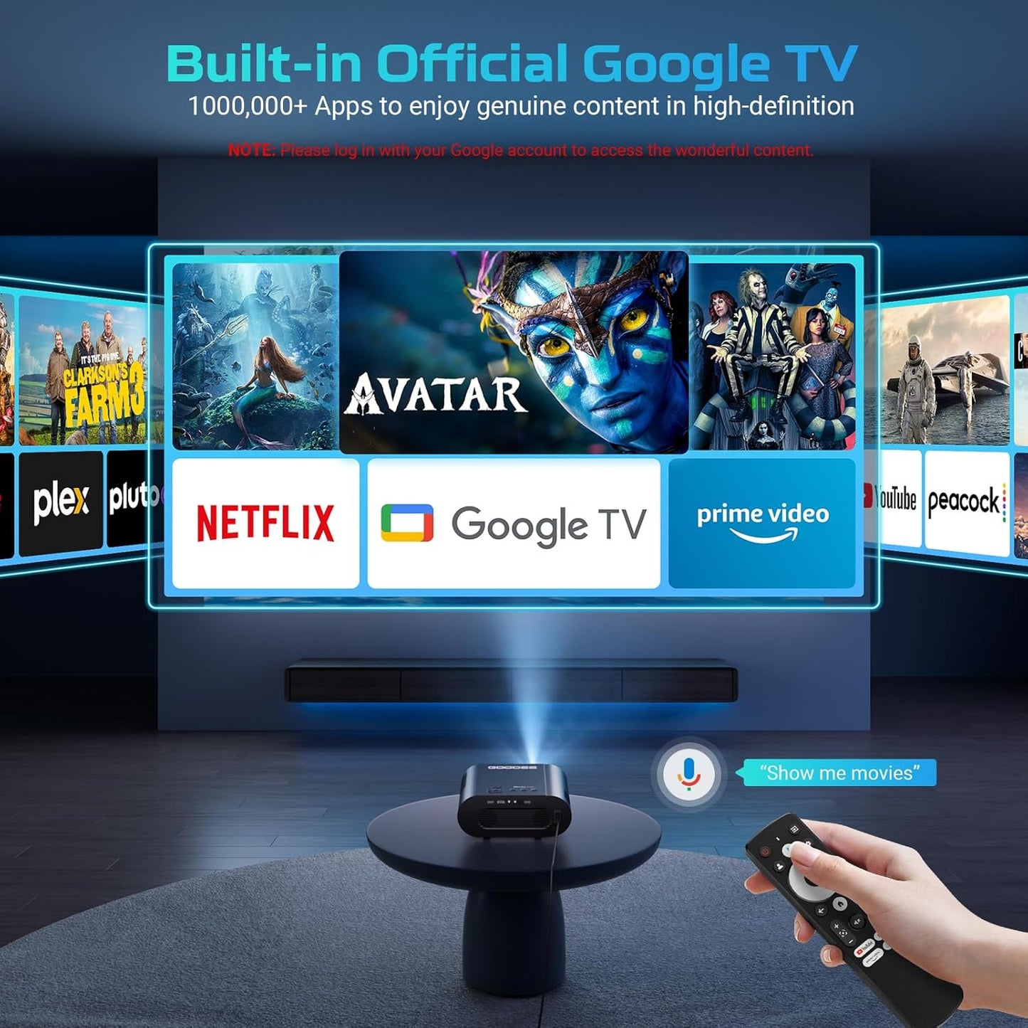[Google TV/Voice Control]GooDee 4K UHD Smart Projector with WiFi and Bluetooth, Portable Movie Projector with Netflix / Prime Video / YouTube Built-in, Dolby Sound Home Theater for Indoor/Outdoor