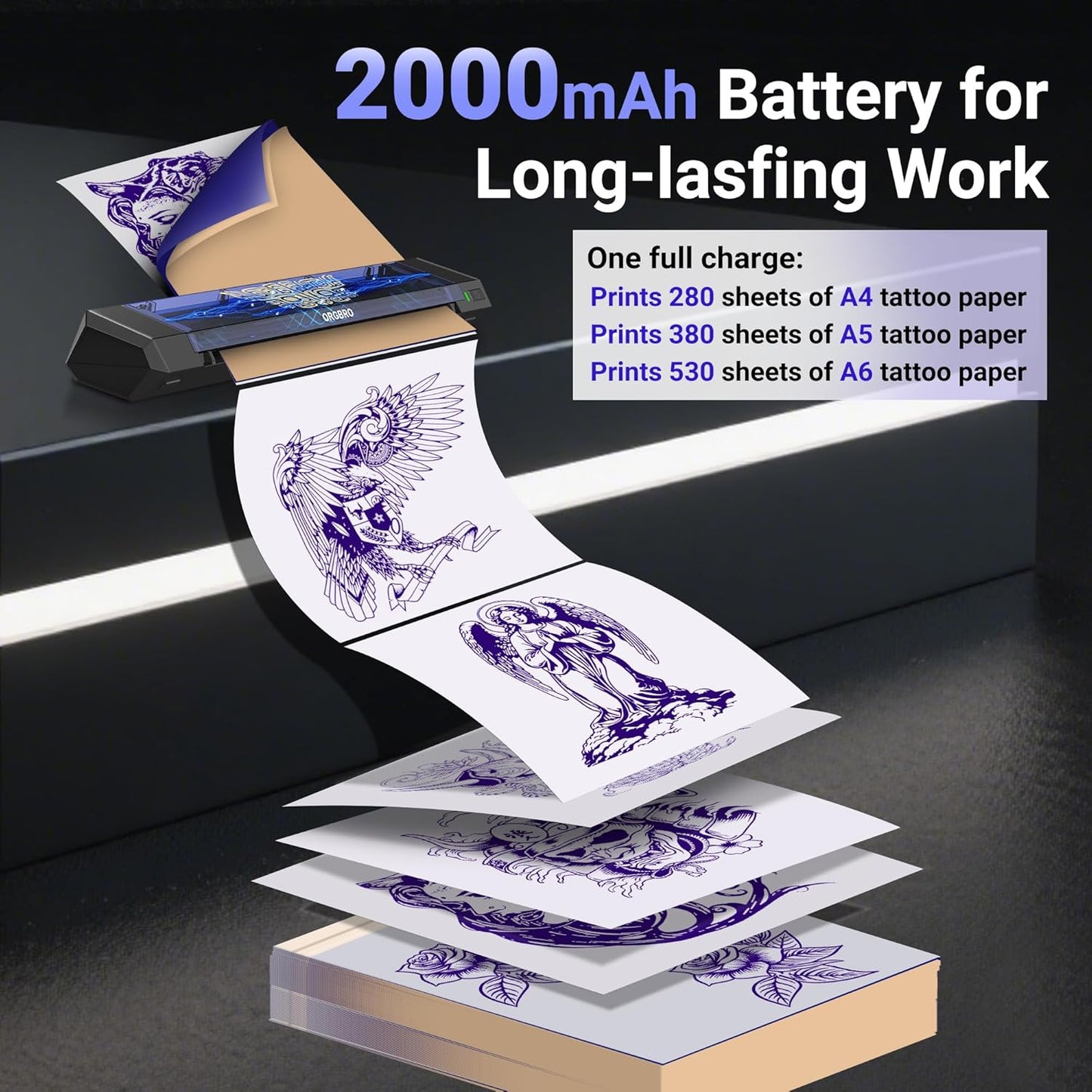 ORGBRO Tattoo Stencil Printer, X8 Thermal Tattoo Transfer Printer with 30pcs Transfer Paper, A4/A5/A6 3-in-1 Wireless Tattoo Machine for Tattoo Artists & Beginners, Compatible with Phone/Tablet/PC