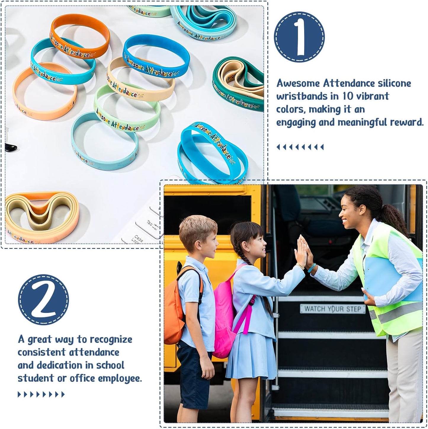 30 Pcs Awesome Attendance Wristbands for Students, Perfect Attendance Awards for Classroom Prizes, Unisex Stretch Silicone Motivational Wristbands for Student from Teacher Classroom Prizes