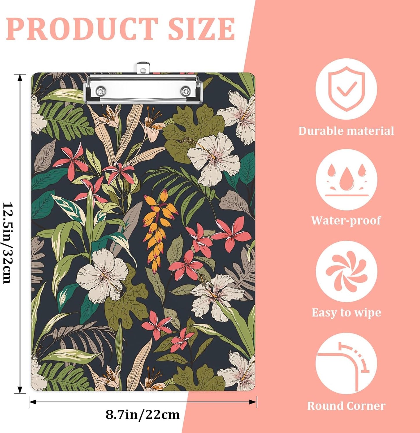 Tropical Flower Leaves Plastic Clipboards,Cute Fashion Clipboard Decorative 8.5" x 12.5"Standard A4 Size Clipboards,Acrylic Clipboard for Teacher,Social Worker,Students,Nurse,Office Supplies