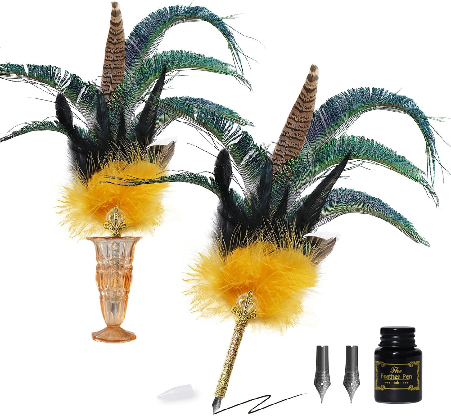 CROWN GUIDE Luxury Feather Pen with Black Ink Set - 13.8" Peacock Fancy Quill Fountain Pen for Writing Calligraphy, Wedding Nikkah Pen for Guest Book Journaling Gift, Gold