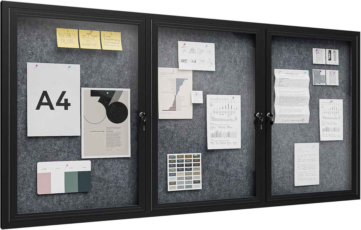 72"x36" Lockable Enclosed Bulletin Board, Outdoor Flet Weather-Resistant Aluminum Frame Notice Board, Wall Mounted Display Case Acrylic Doors for School,Office,Black Frame w/Grey Flet