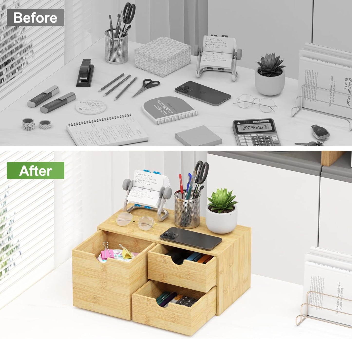 Desk Organizer With Drawers - Bamboo Wood Desktop Mail Organizer Storage Box for Office Home Bathroom Vanity Dresser Top, No Assembly Required (3 Drawer with Big Drawer)