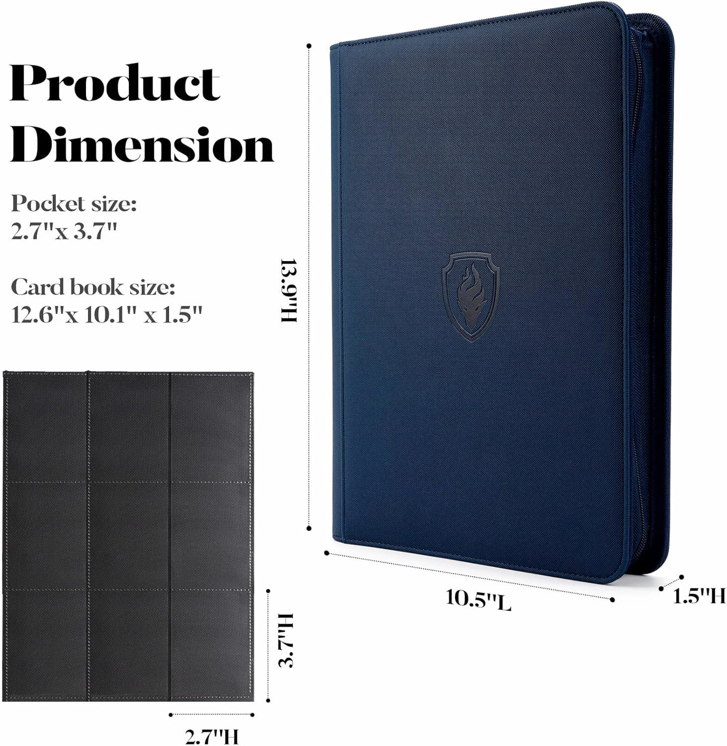 360 9 Pocket Zipper Binder - Premium PU Cover Zip Binder for Trading Cards, MTG, TCG, Sports Cards, Navy Blue