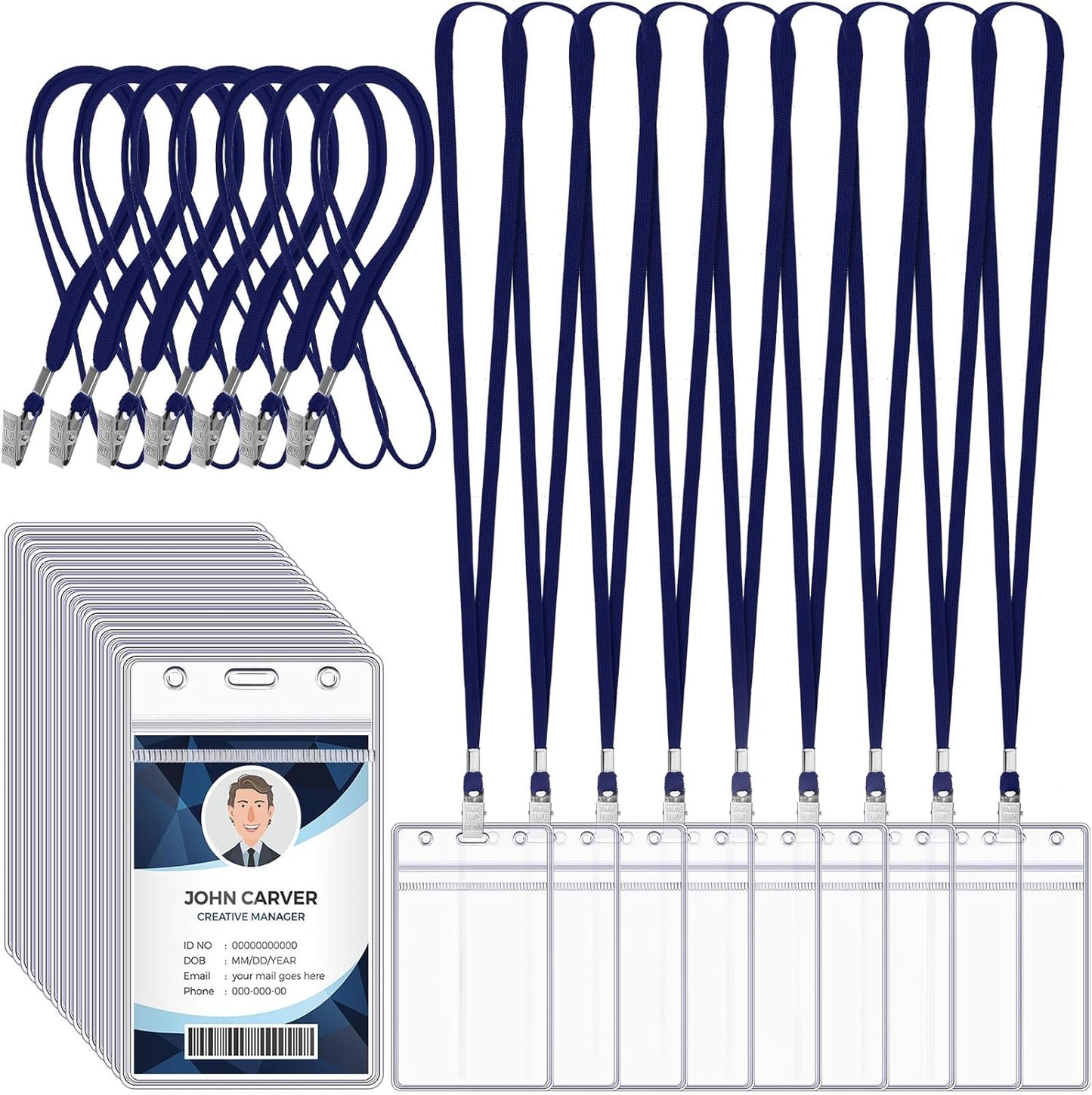 Marspark 100 Pcs Name Tag Lanyards with ID Holder Lanyards for ID Badges Resealable Flat Neck Name Tag with Clip Waterproof Plastic Clear Badges Bulk for School Office Supplies (Dark Blue)