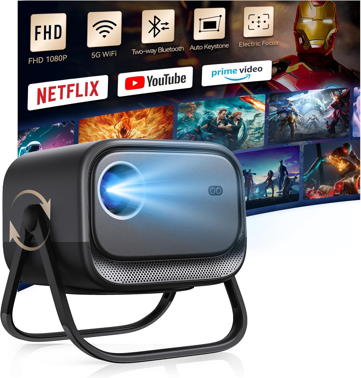 Electric Focus&360°Adjustable Stand-1080P Phone Projector with WiFi and Two-way Bluetooth,MEER 2025 Latest Upgraded Auto Keystone Ceiling Projector, Home Movie Proyector for iPhone/TV Stick/Laptop