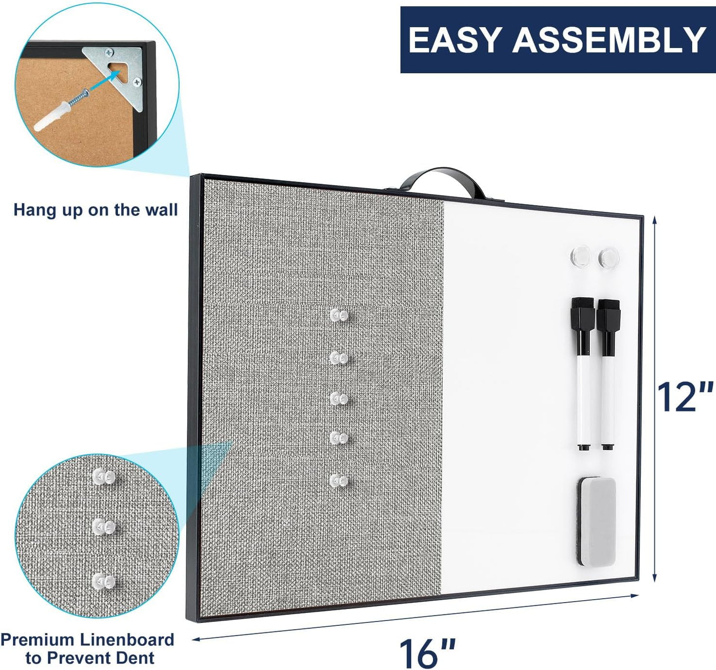 Small White Board Cork-Board Combo - 16 X 12 inches Gray Linen Board & Magnetic Dry Erase Board for Wall, Mini Bulletin Cork Board with Holder for Office, Home and School
