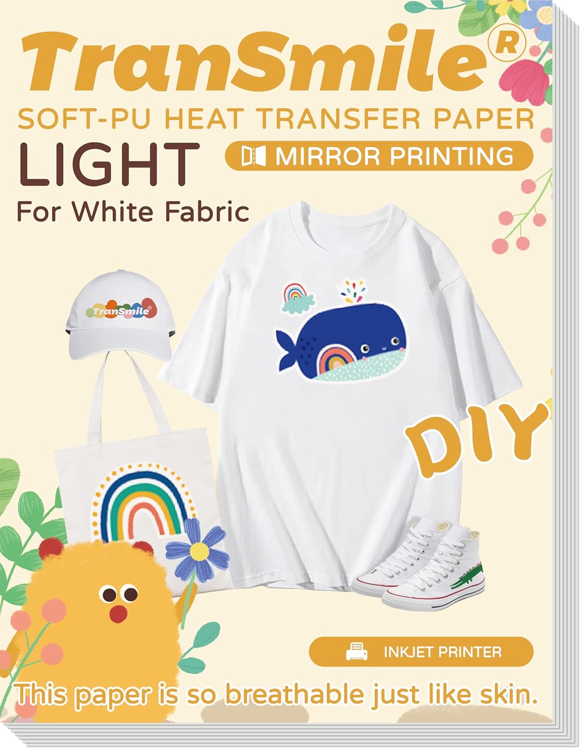TranSmile PU-Heat Transfer Paper for Inkjet Printer (White, 20 Sheets, 8.5 x 11'') Printable Heat Transfer Vinyl for White Fabric, Iron on Transfers for T Shirts