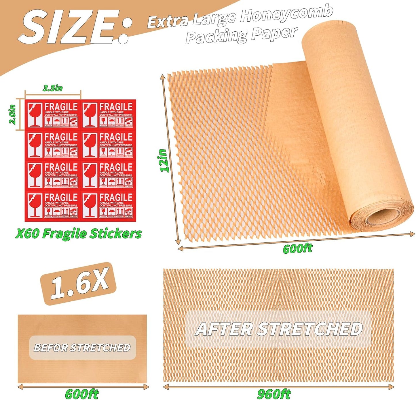 Honeycomb Packing Paper 12" x 600', Bubble Cushioning Wrap for Packing/Shipping/Moving, Eco-Friendly Bubble Packing Paper Wrapping for Fragile Items,Electronics and Bouquet Packaged