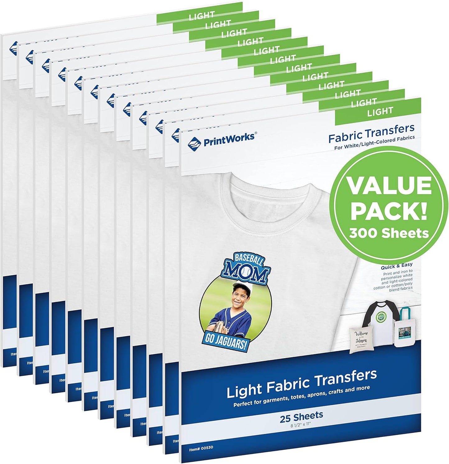 PrintWorks Iron on Heat Transfer Paper for Inkjet Printer - Printable Heat Transfer Vinyl for Light Fabric (Printable HTV) - 8.5" x 11" - 300 Sheets - Made in The USA - Iron on Vinyl (00530C)