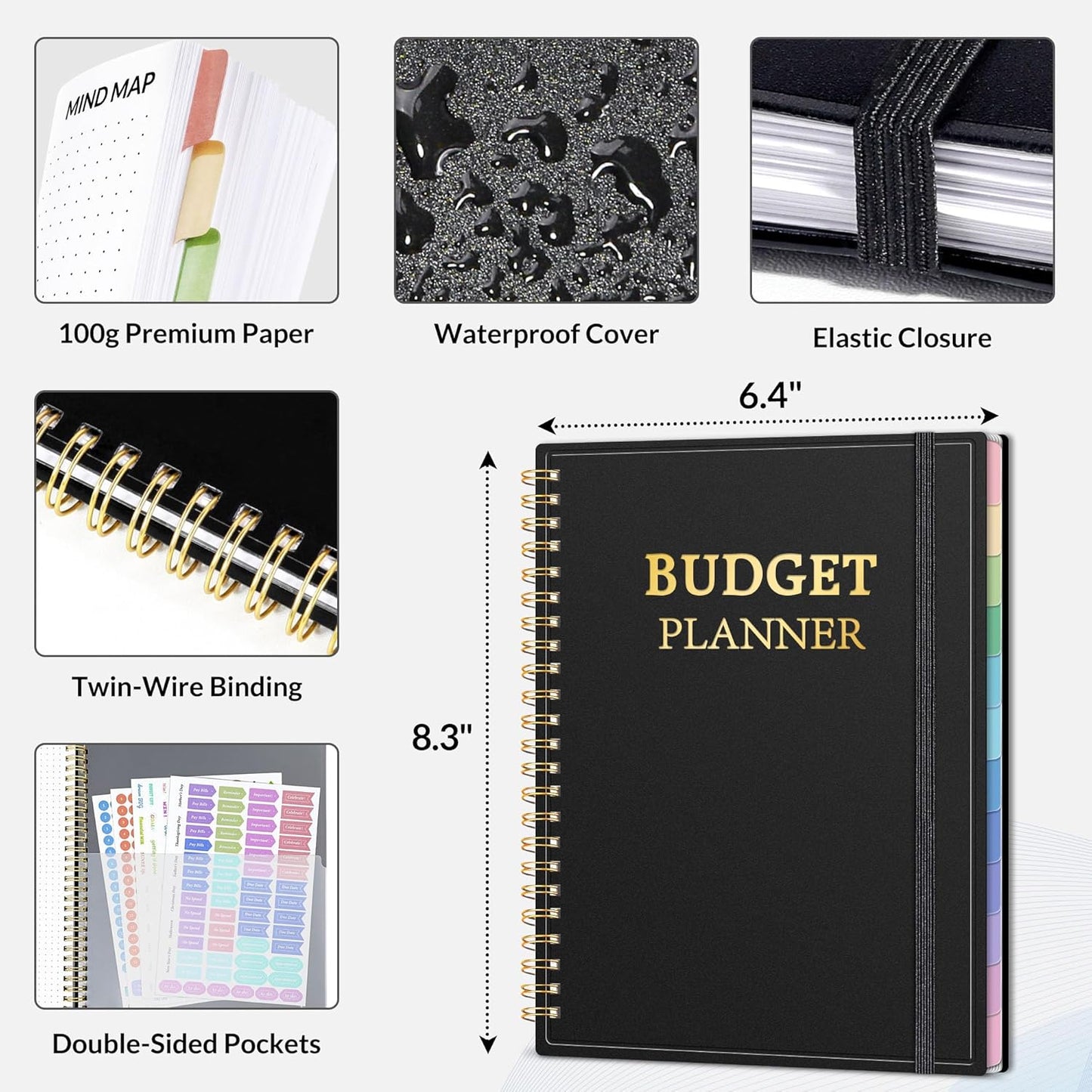 SUNEE Budget Planner - Monthly Budget Book with Expense Tracker Notebook, Undated 12 Month Bill Organizer & Finance Planner to Manage Your Money, A5(6.4" x 8.3") Account Book with Colorful Tab, Black