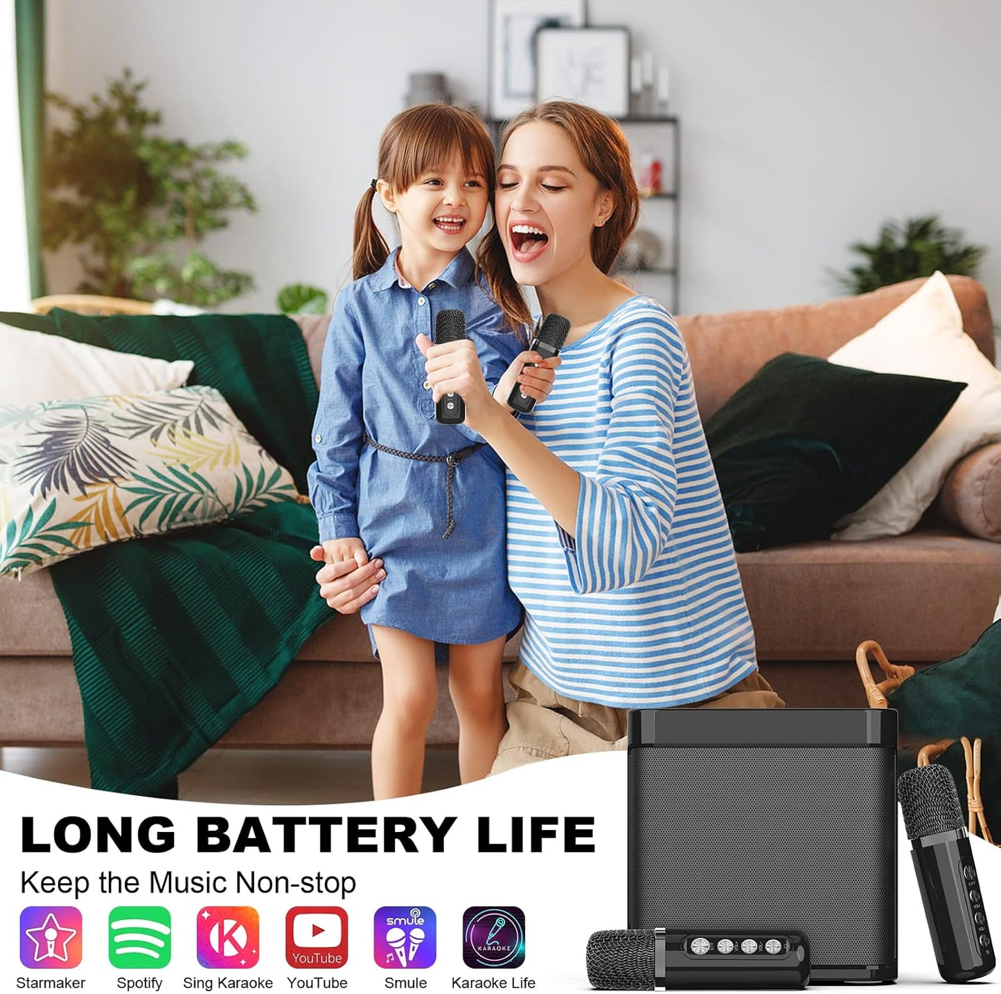 Karaoke Machine for Adults and Kids, FULLIFE Portable Bluetooth PA Speaker System with 2 UHF Wireless Microphones, Karaoke Speaker with Echo, Supports TF/USB, AUX in, for Home Party, Meeting