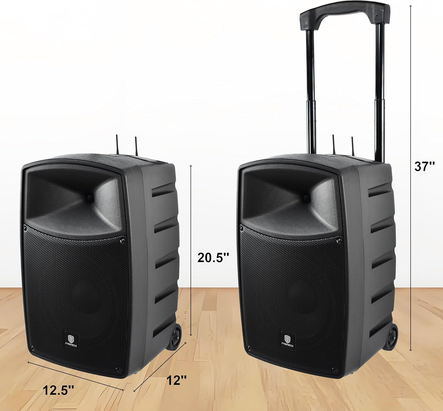 PRORECK 800W 10'' Portable Powered Bluetooth Wireless PA Speaker with 2 Wireless Microphones, Remote Control, Handle and Wheels, Active Loudspeaker for Events, Karaoke, DJ, Outdoor Gatherings